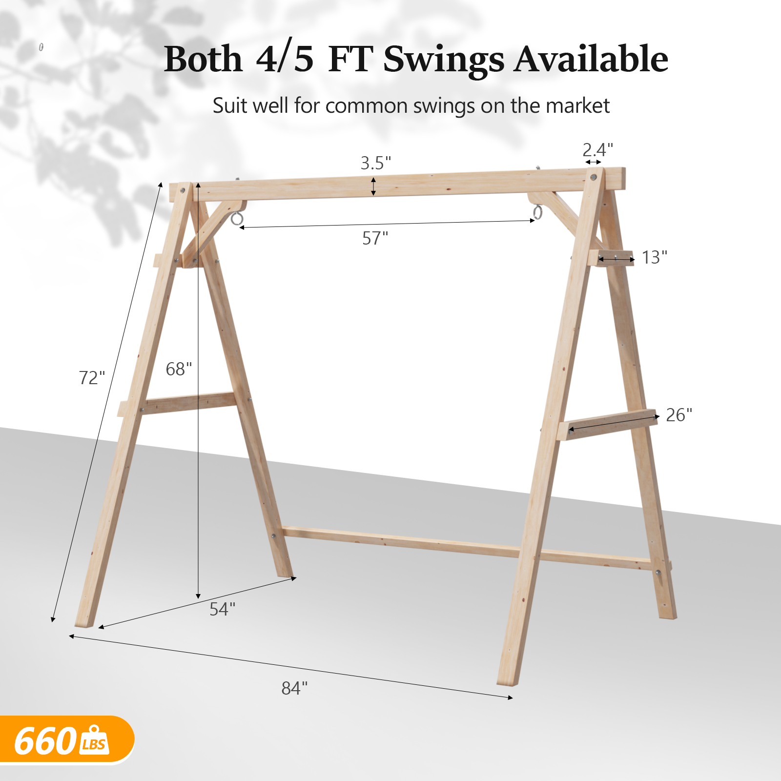 4/5 FT Patio Wooden Porch Swing Stand Only Easy Assembly for Outdoor Garden