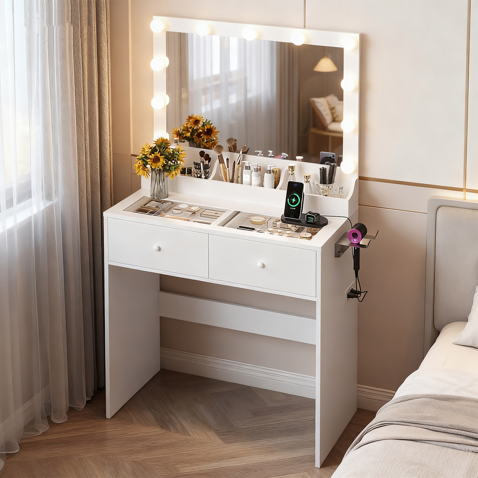 FCH All-in-One Drawer Vanity Desk with Mirror & 3 Colors Lights & USB Ports