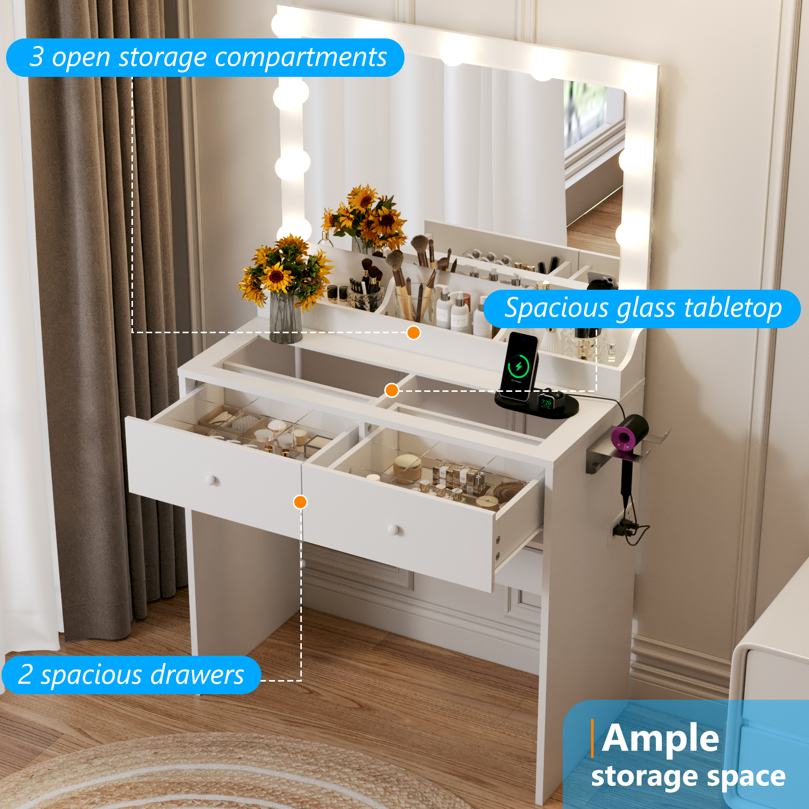 Vanity Makeup Dressing Table Wooden LED Light Mirror and USB Port Xmas Gift