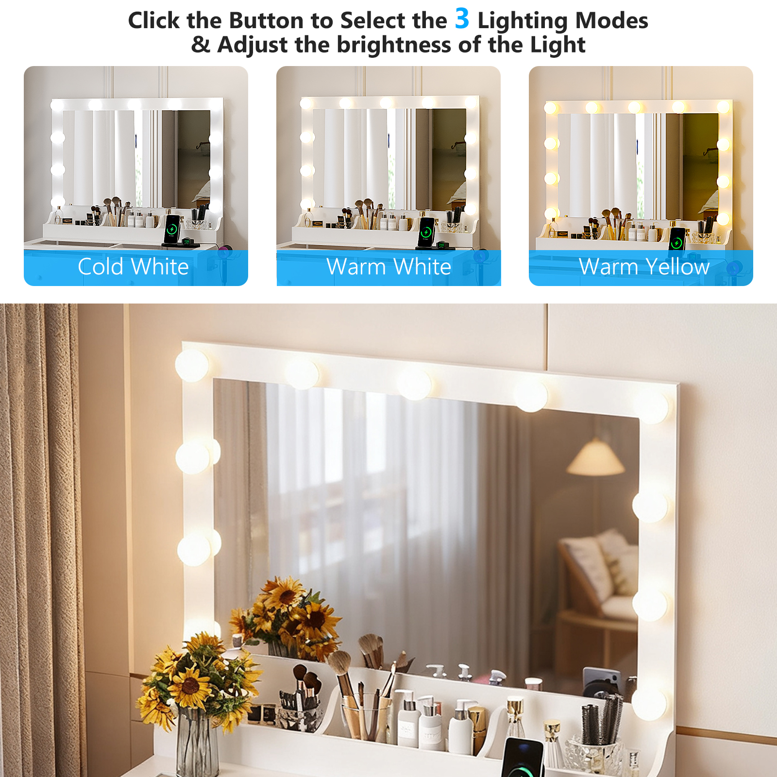 Vanity Makeup Dressing Table Wooden LED Light Mirror and USB Port Xmas Gift