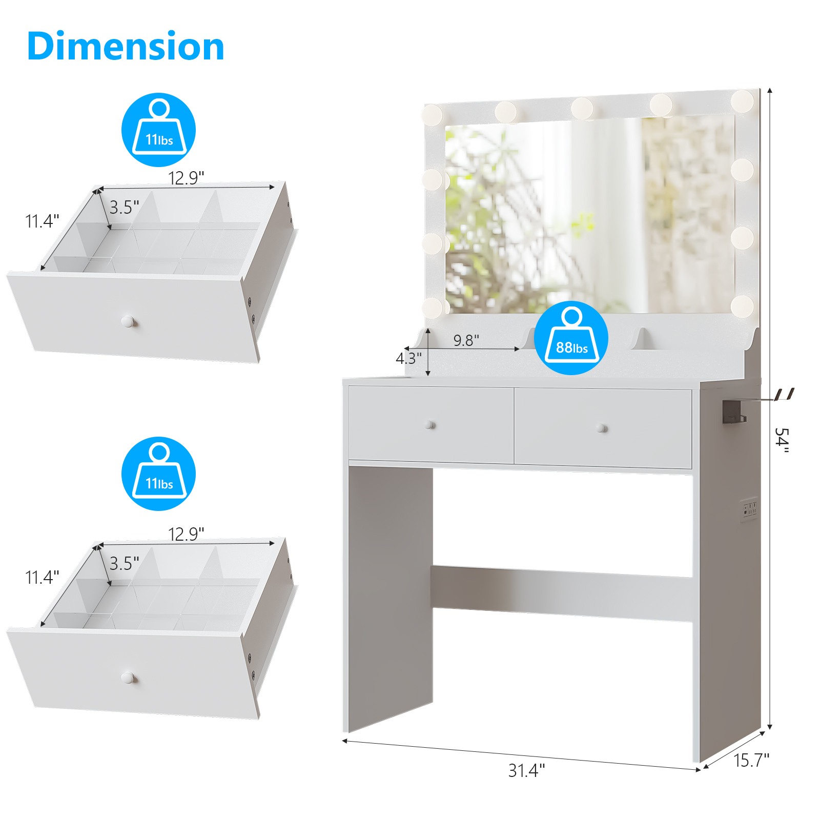 Vanity Makeup Dressing Table Wooden LED Light Mirror and USB Port Xmas Gift