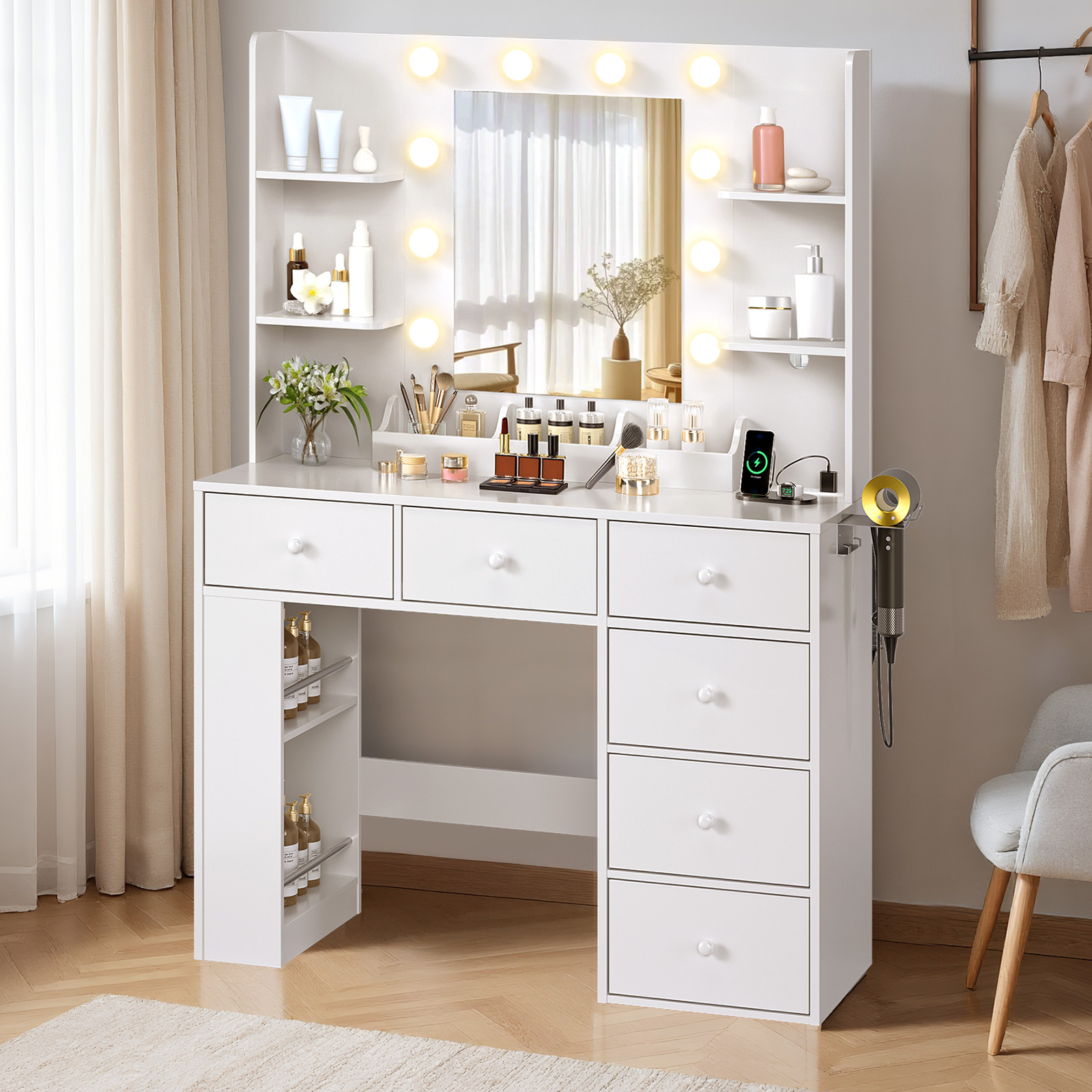 All-in-One Vanity Desk with Mirror & Lights & USB Ports 6 Drawers Dressing Table