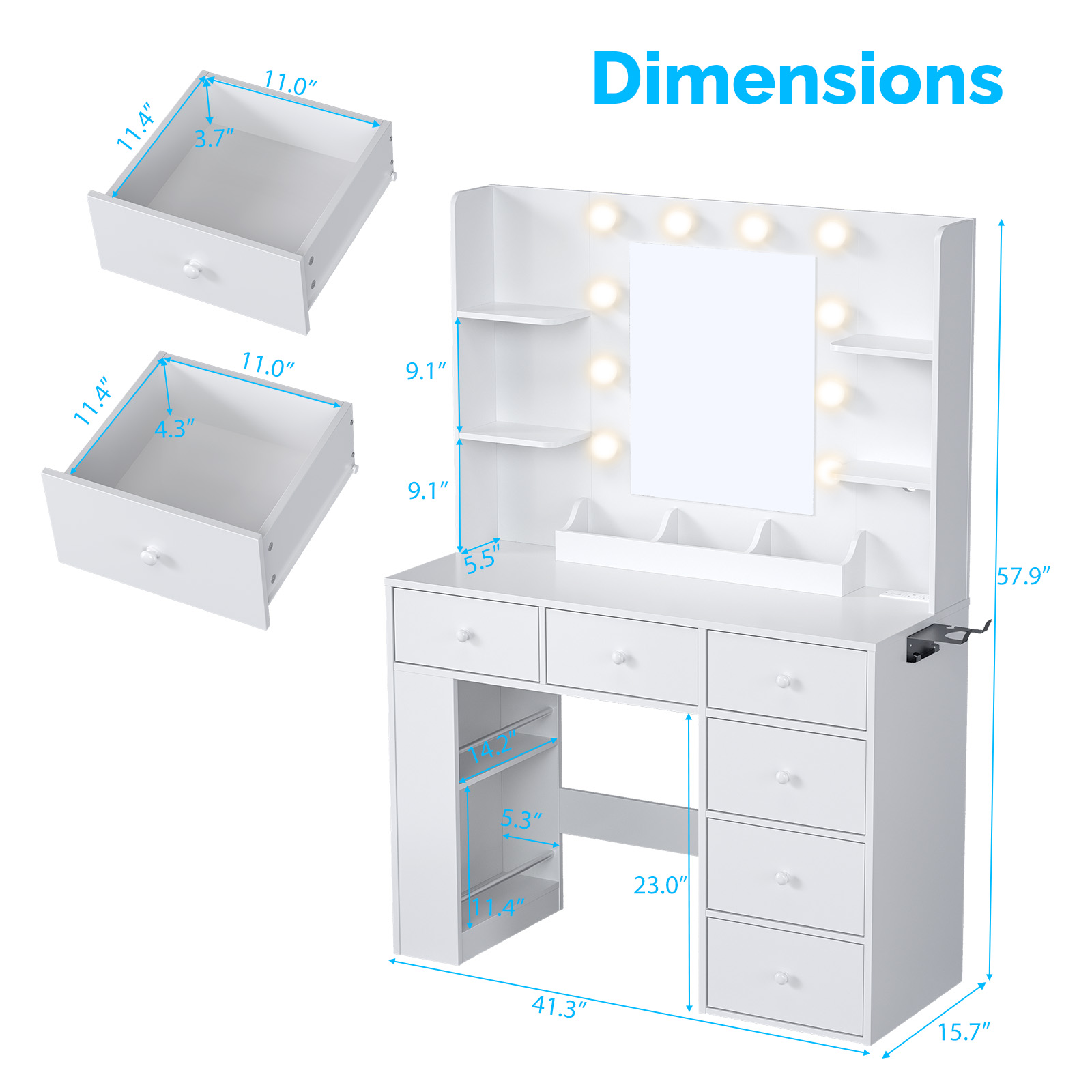 All-in-One Vanity Desk with Mirror & Lights & USB Ports 6 Drawers Dressing Table - Produktbild 3