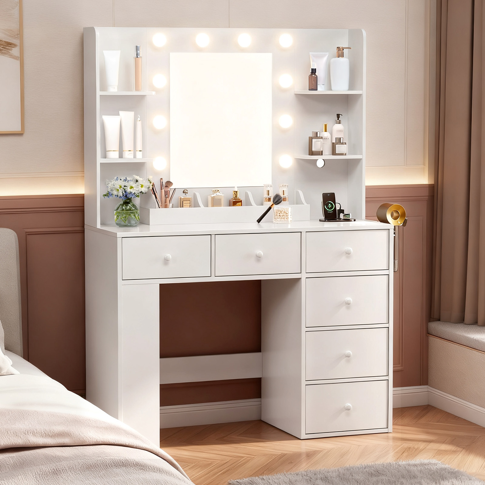 FCH All-in-One 6 Drawer Vanity Desk with Mirror & 3 Colors Lights & USB Ports