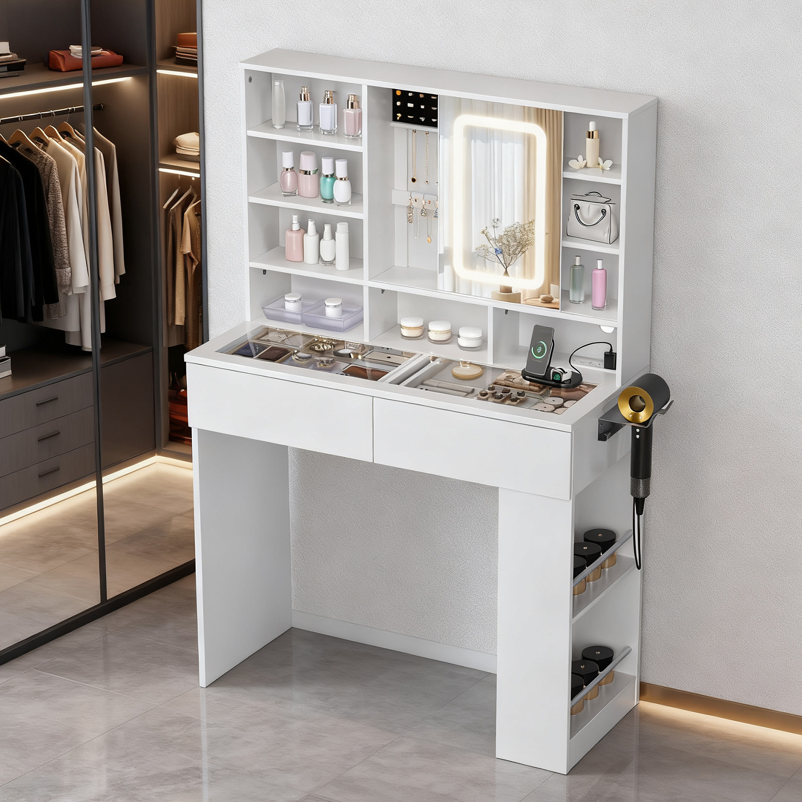 All-in-One Vanity Desk with 3 Colors Lighted Mirror and AC/USB Charging Station