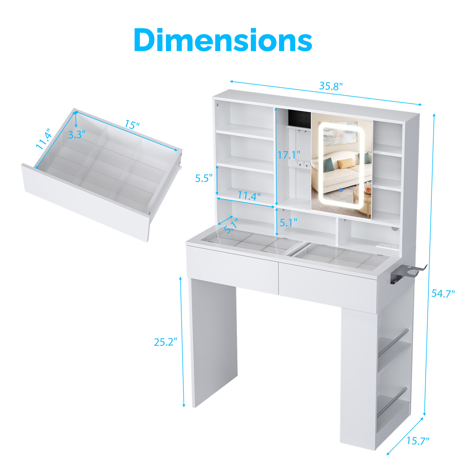 All-in-One Vanity Desk with 3 Colors Lighted Mirror and AC/USB Charging Station