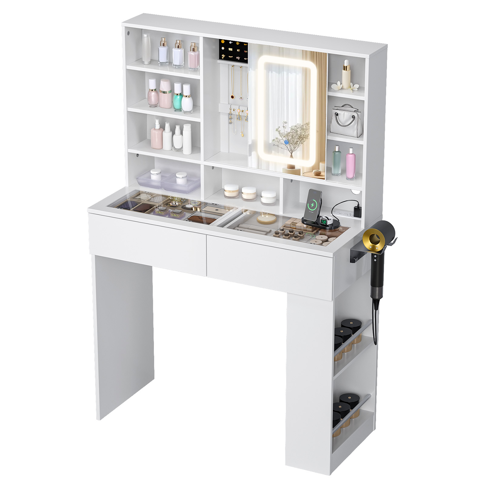 All-in-One Vanity Desk with 3 Colors Lighted Mirror and AC/USB Charging Station