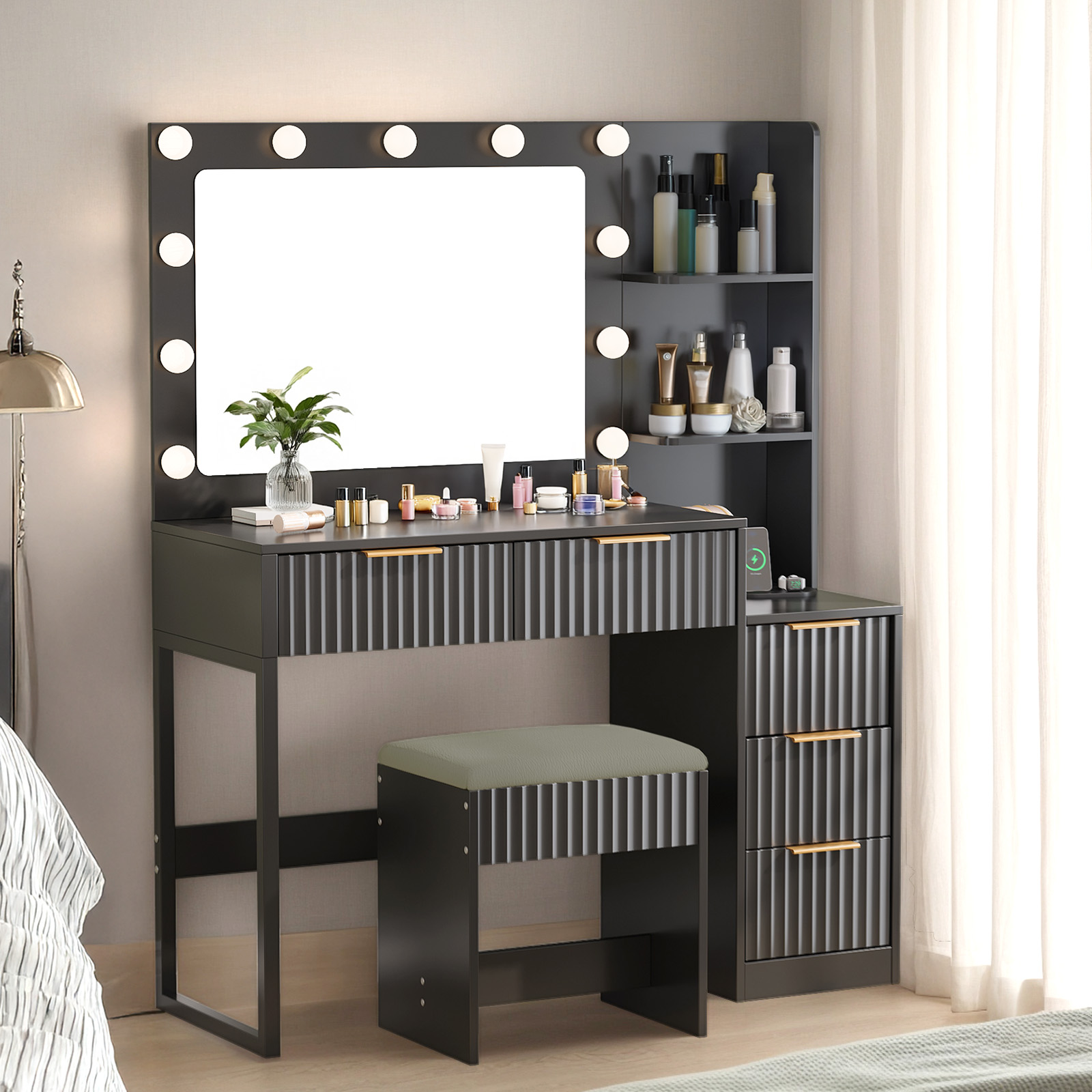Vanity Set with LED Lights Electrical USB Outlet Fluted Makeup Desk with Drawer