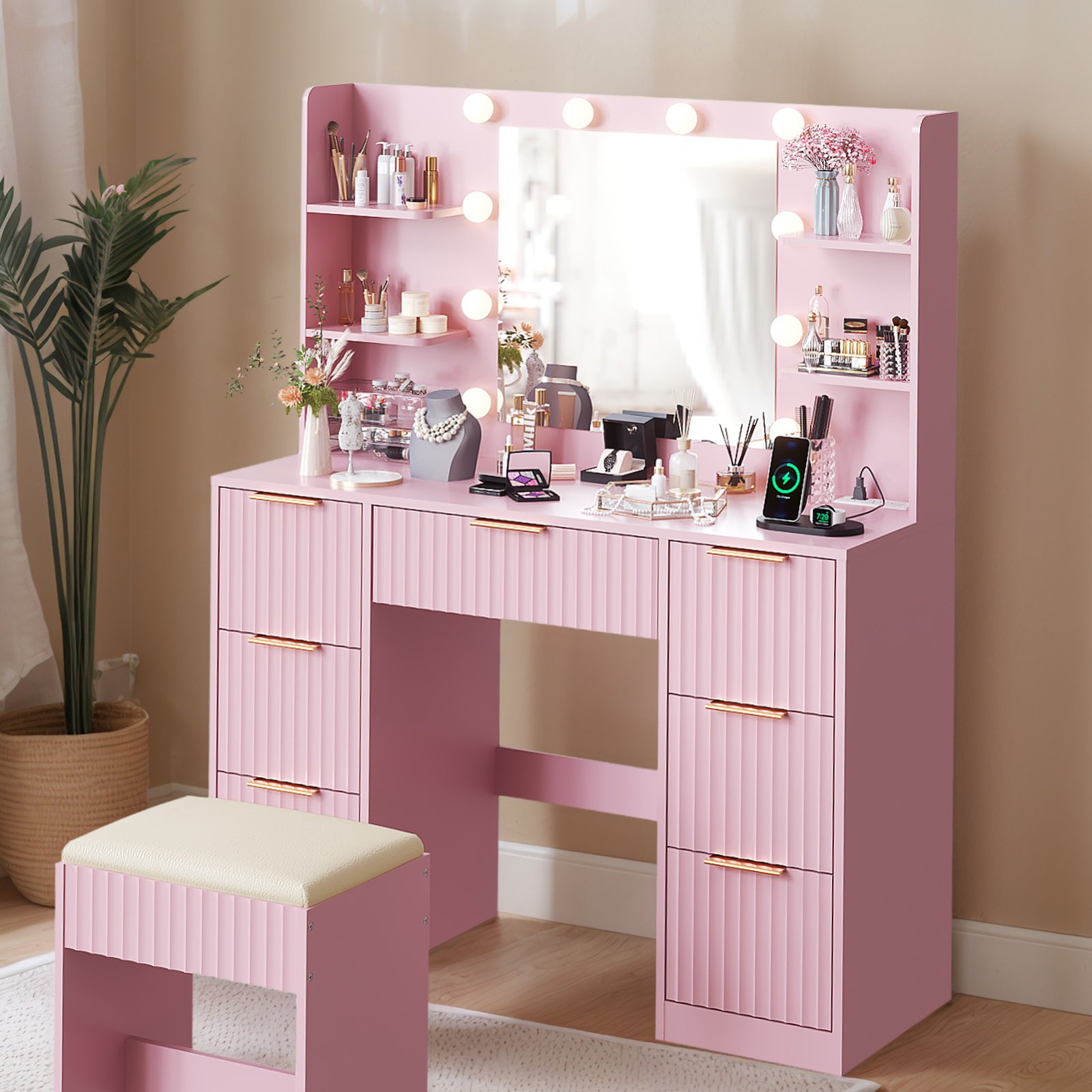 Fluted Vanity Table with Built-in Light Bulbs & Outlets Makeup Desk w/7 Drawer