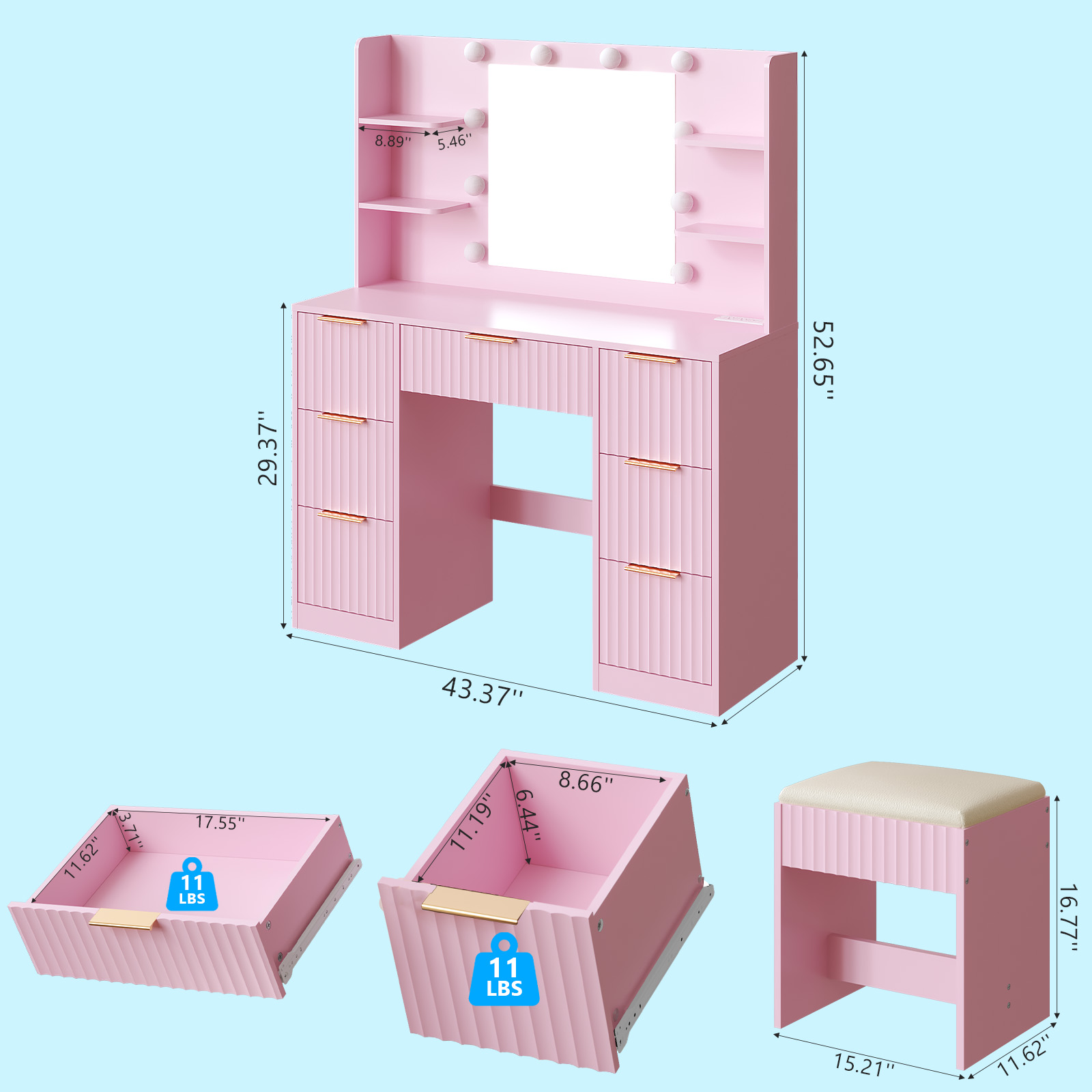 Fluted Vanity Table with Built-in Light Bulbs & Outlets Makeup Desk w/7 Drawer