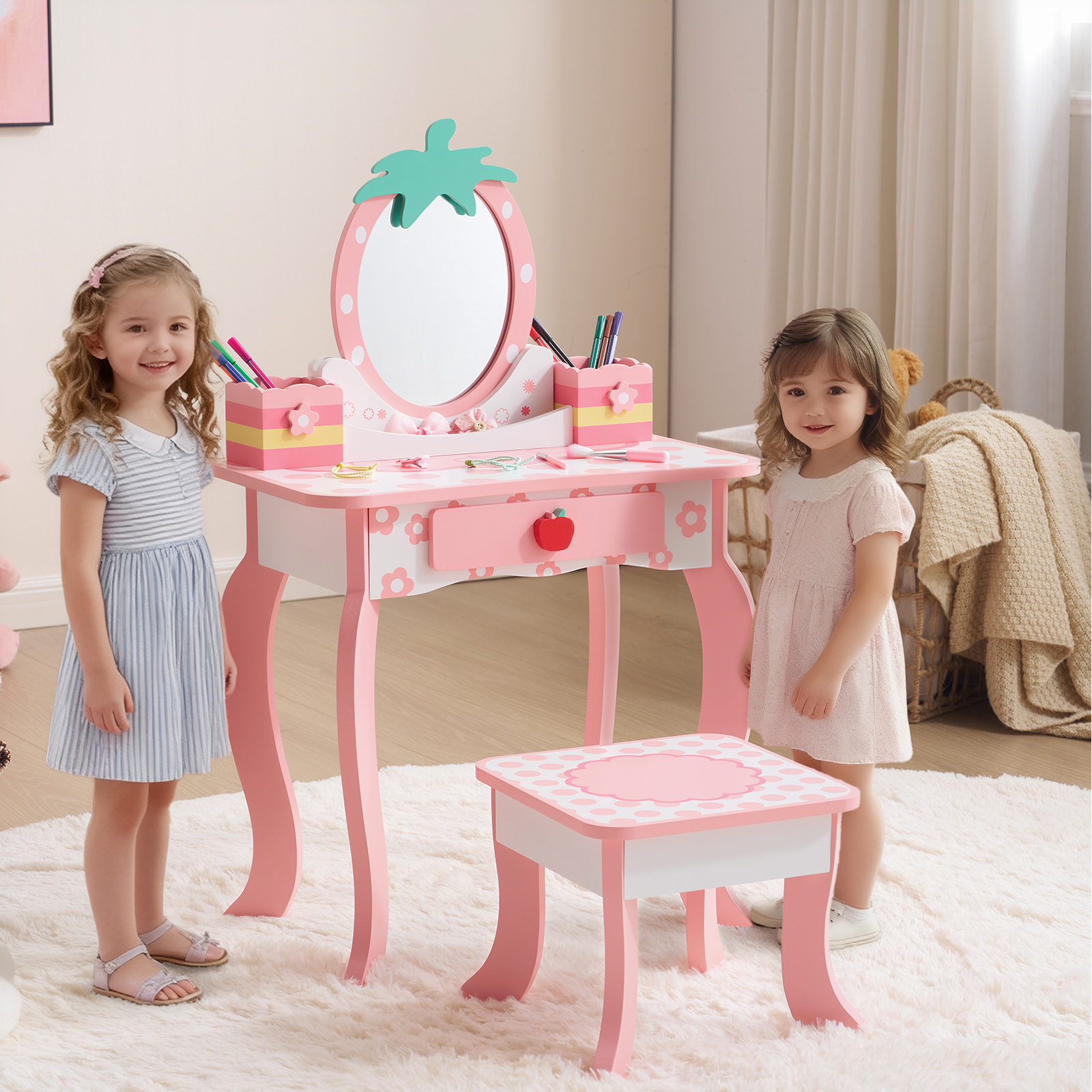 Vanity Makeup Table Set Dressing Table Stool Set Drawer & Mirror Birthday Gift