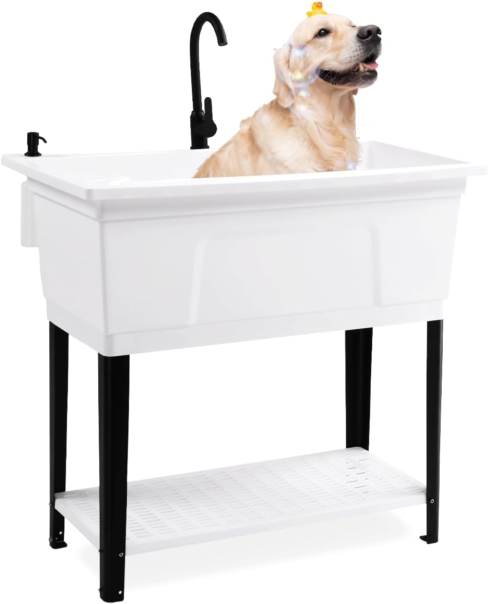 37-Gallon Plastic Utility Sink with Faucet, 36" Heightened Basin & Storage Shelf