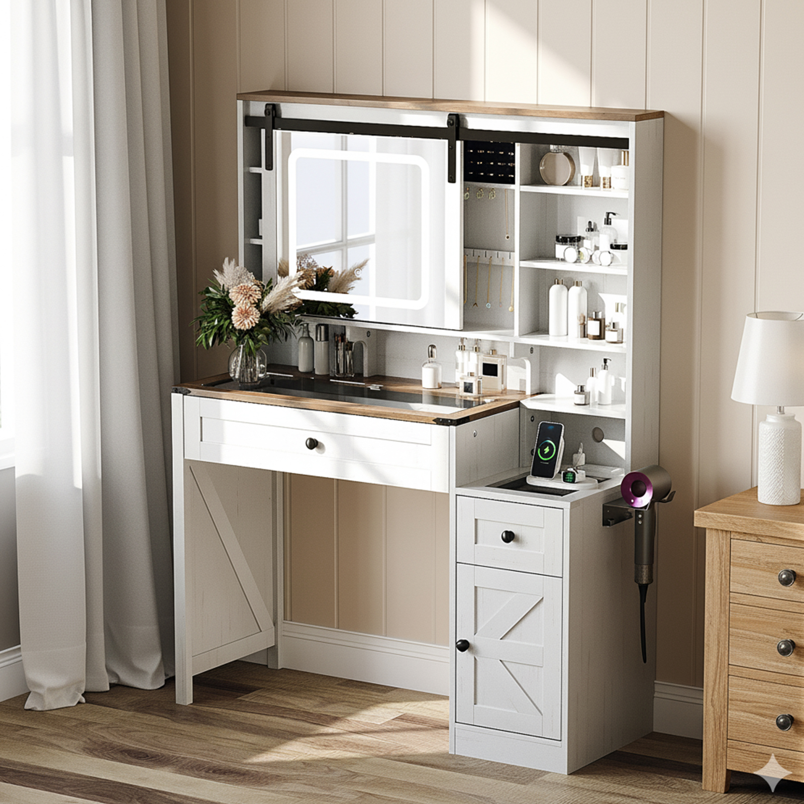 All-in-One Vanity Table with Built-In Power, Farmhouse Style with Sliding Mirror