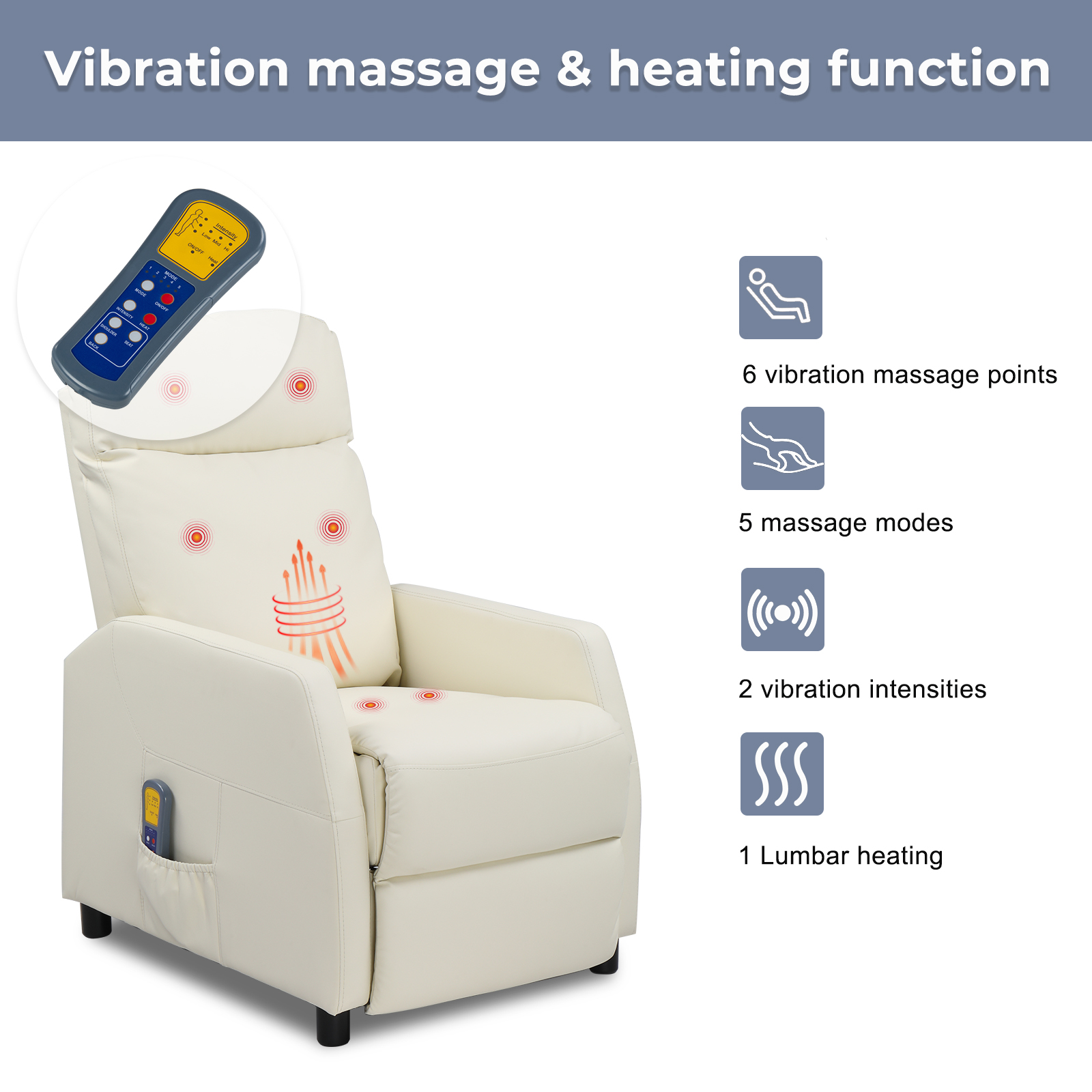 Massage Recliner Sofa PU/Fabric Armchair Elder Heating Chair Remote ...