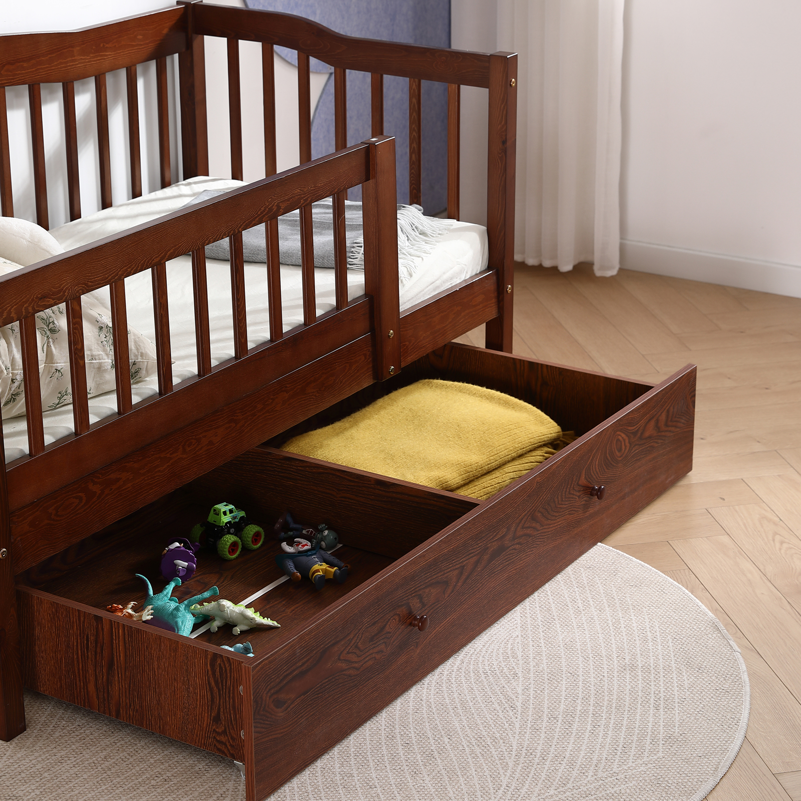 With Storage Drawer Solid Wood Guard Rail Safety Bed For Kid