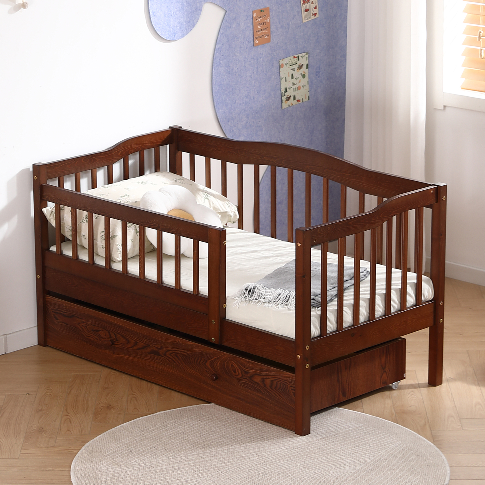 Twin Bed Frame with Storage Drawer Solid Wood Guard Rail Safety Bed for Kids