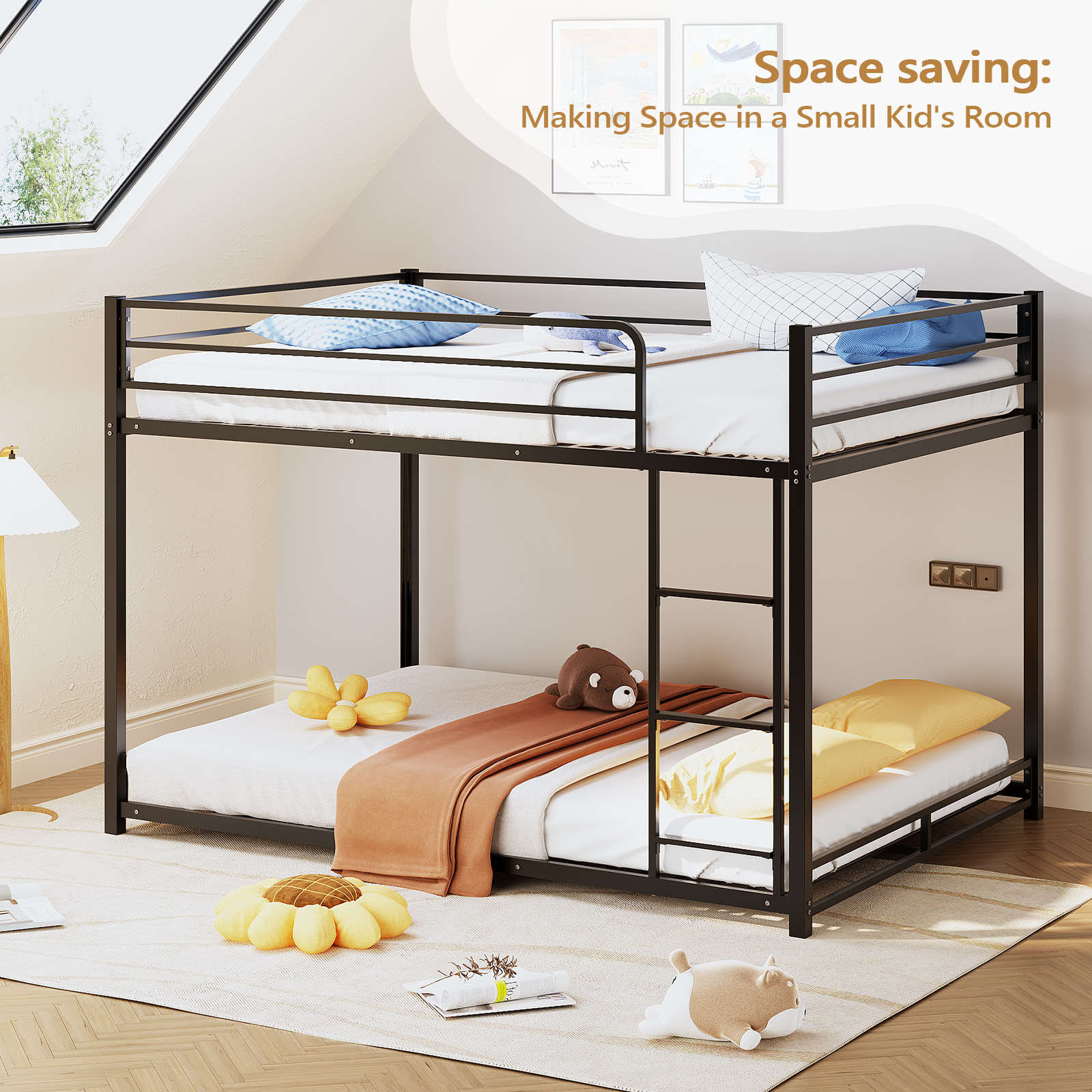 Full-over-Full Size Metal Bunk Bed Sturdy for Kids Safe with Low Profile Design