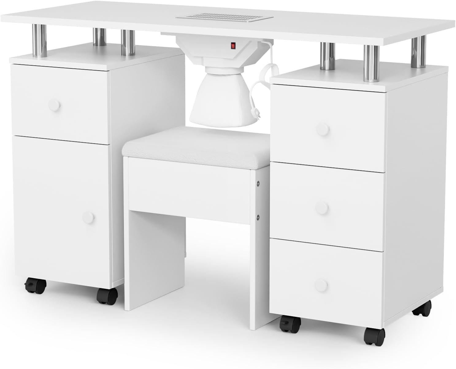 Professional Nail Desk & Stool Set with Built-in Dust Collector, Locking Wheels