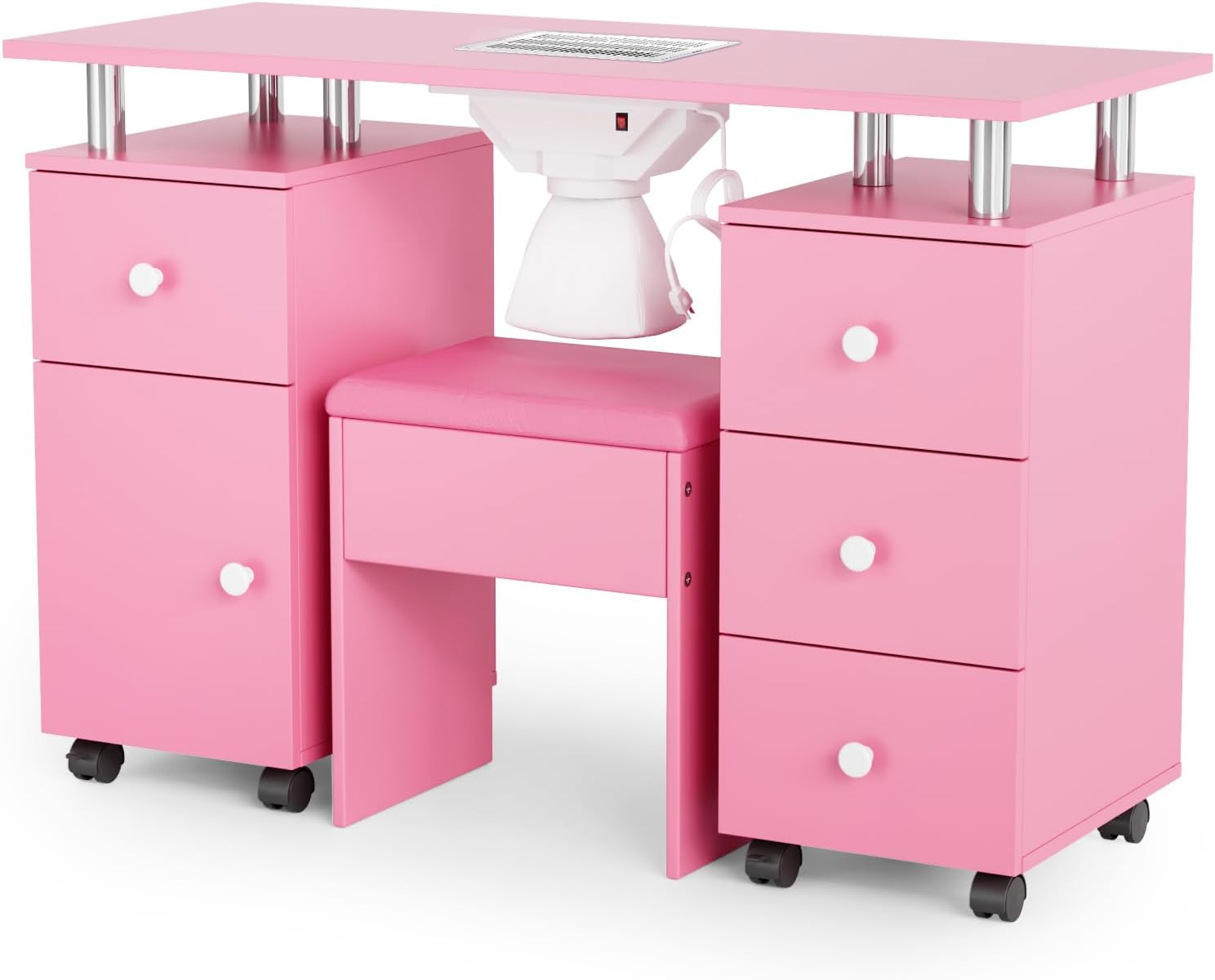 Nail Desk & Stool Set with Built-in Dust Collector, Drawers, Wheels for Salon