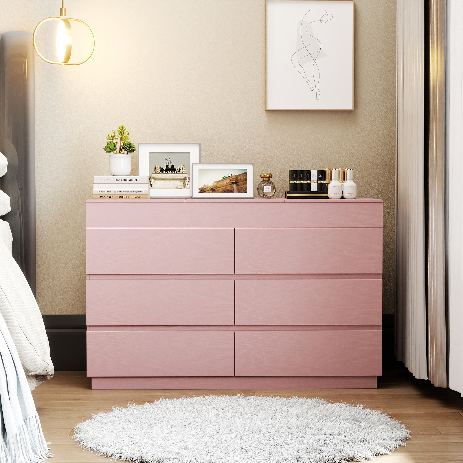 6 Drawer Dresser Cabinet with Flip Top Mirror and Hidden Storage