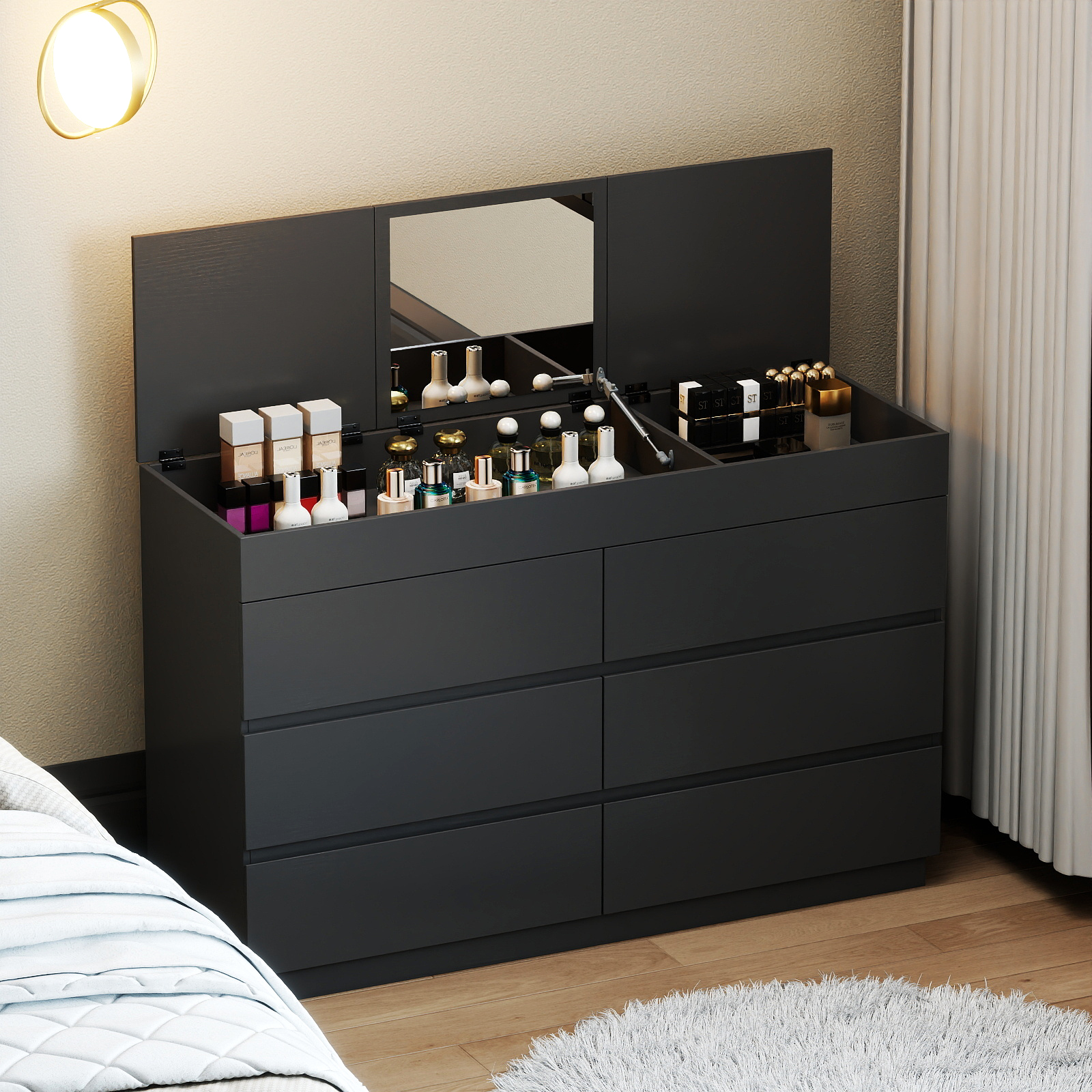 6 Drawer Dresser Cabinet with Flip Top Mirror and Hidden Storage