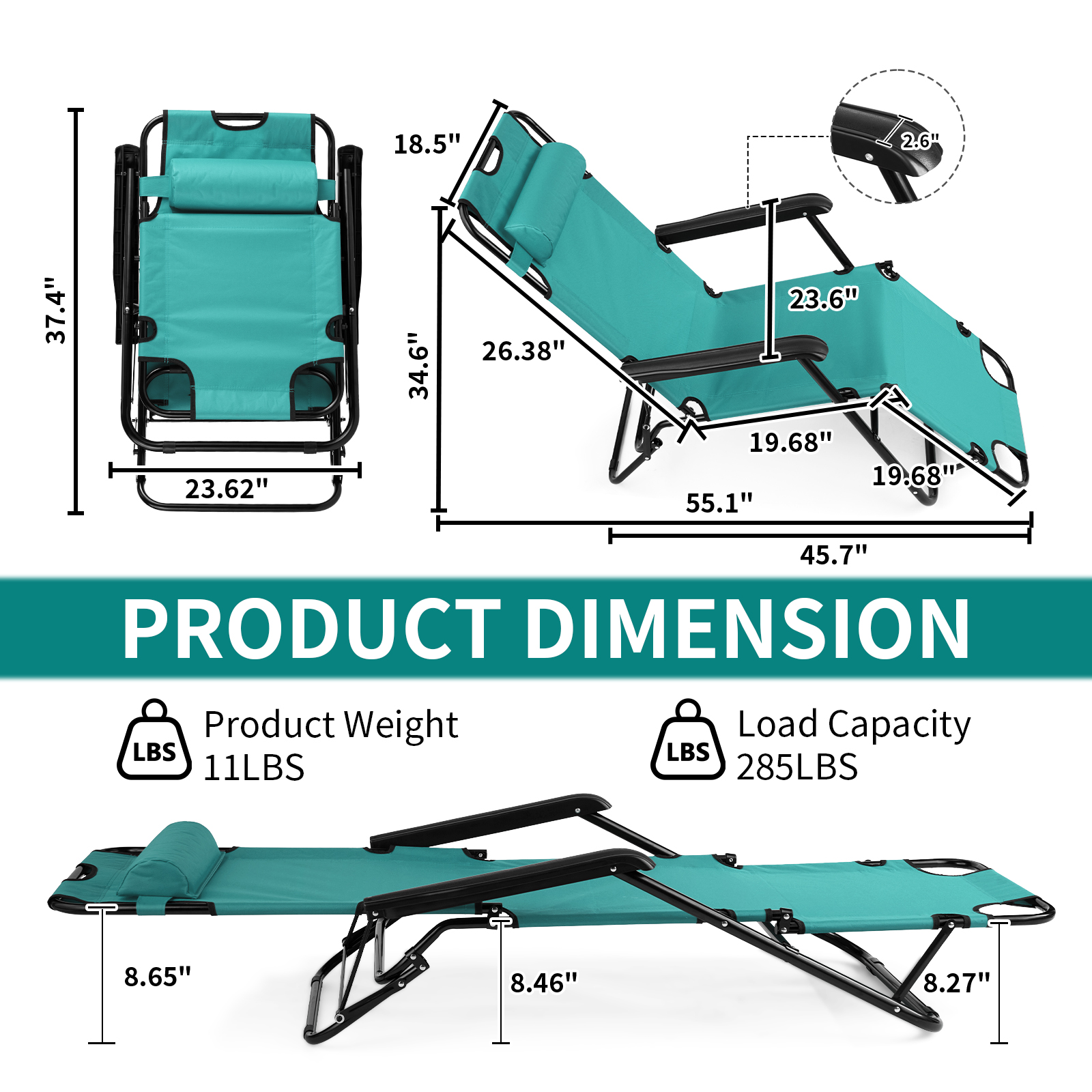 , Adjustable Recliner Chair For Outdoor Yard Beach
