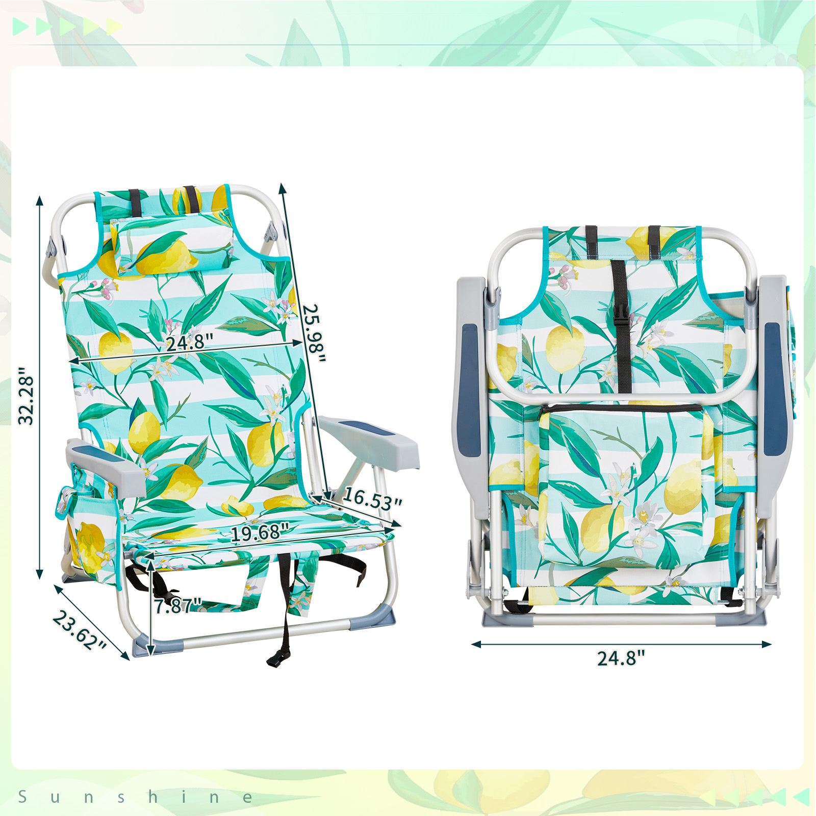 32.3" Backpack Beach Camping Chair, Folding Heavy Duty, Aluminum Reclining Chair