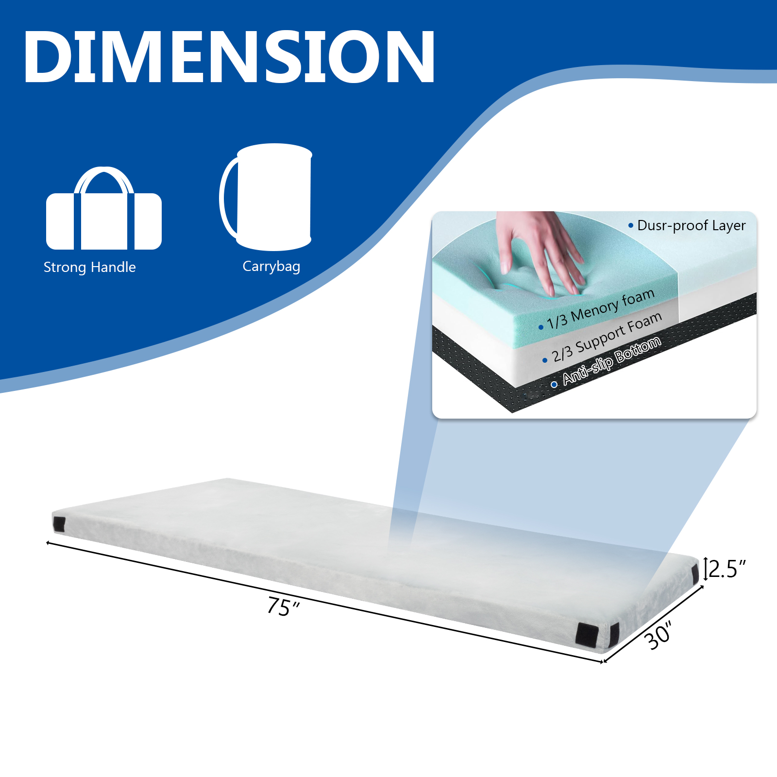 75&Prime;D x 30&Prime;W Portable Memory Foam Camping Mattress Roll Up Pad Floor Mat with Bag