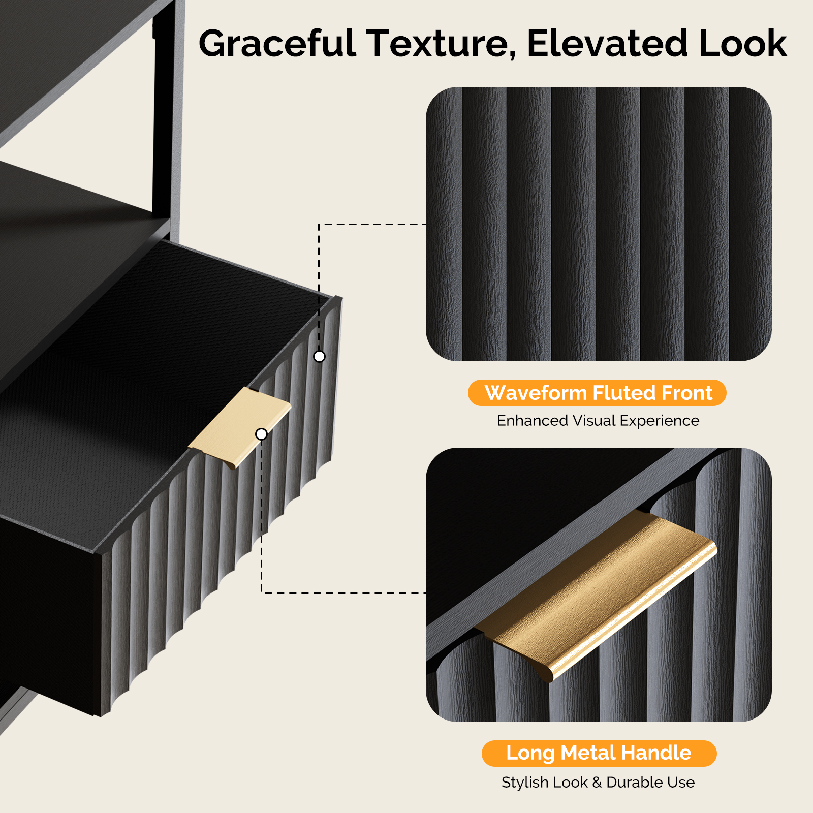 Nightstand with Charging Station Fabric Drawers Fluted Night Stand for Bedroom