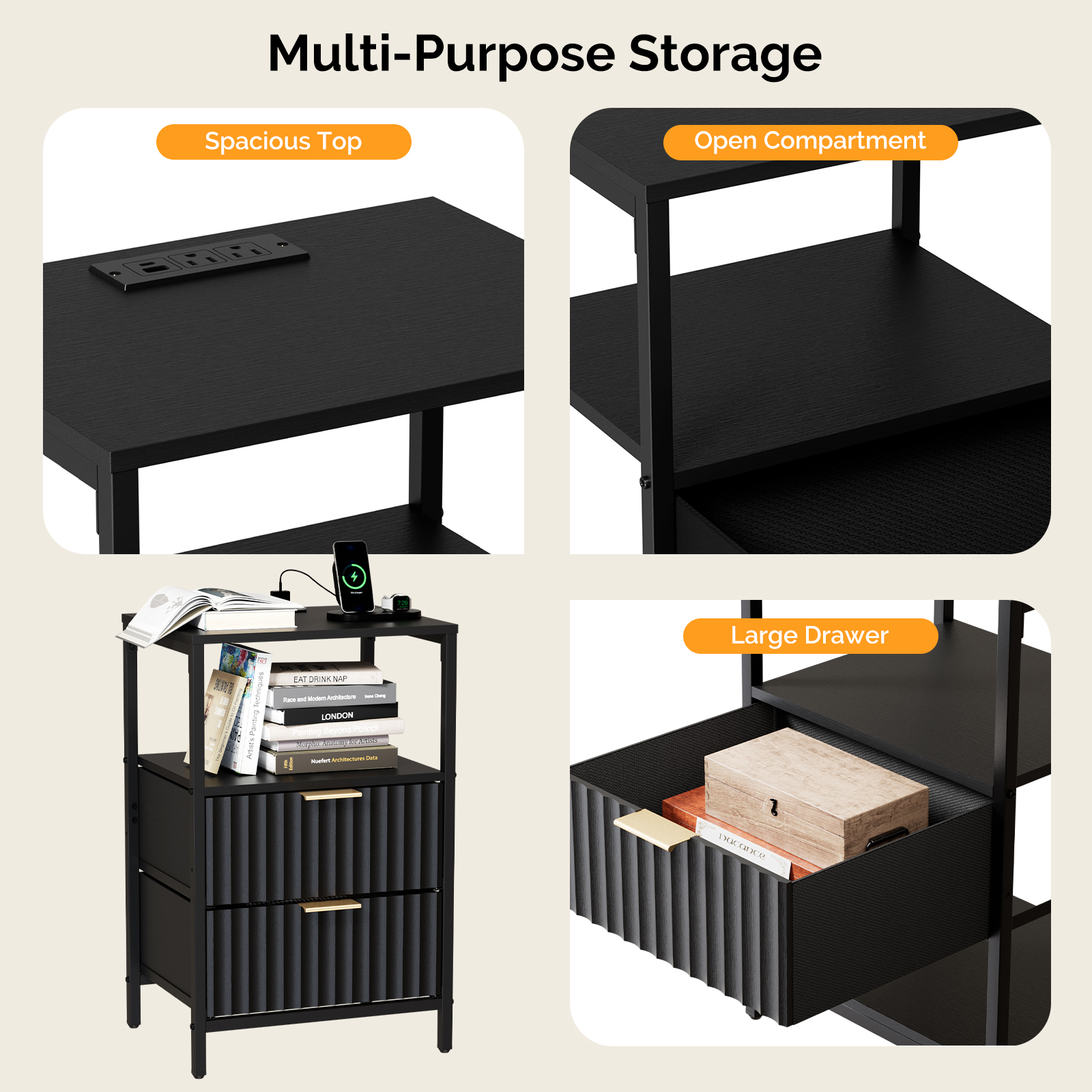 Nightstand with Charging Station Fabric Drawers Fluted Night Stand for Bedroom