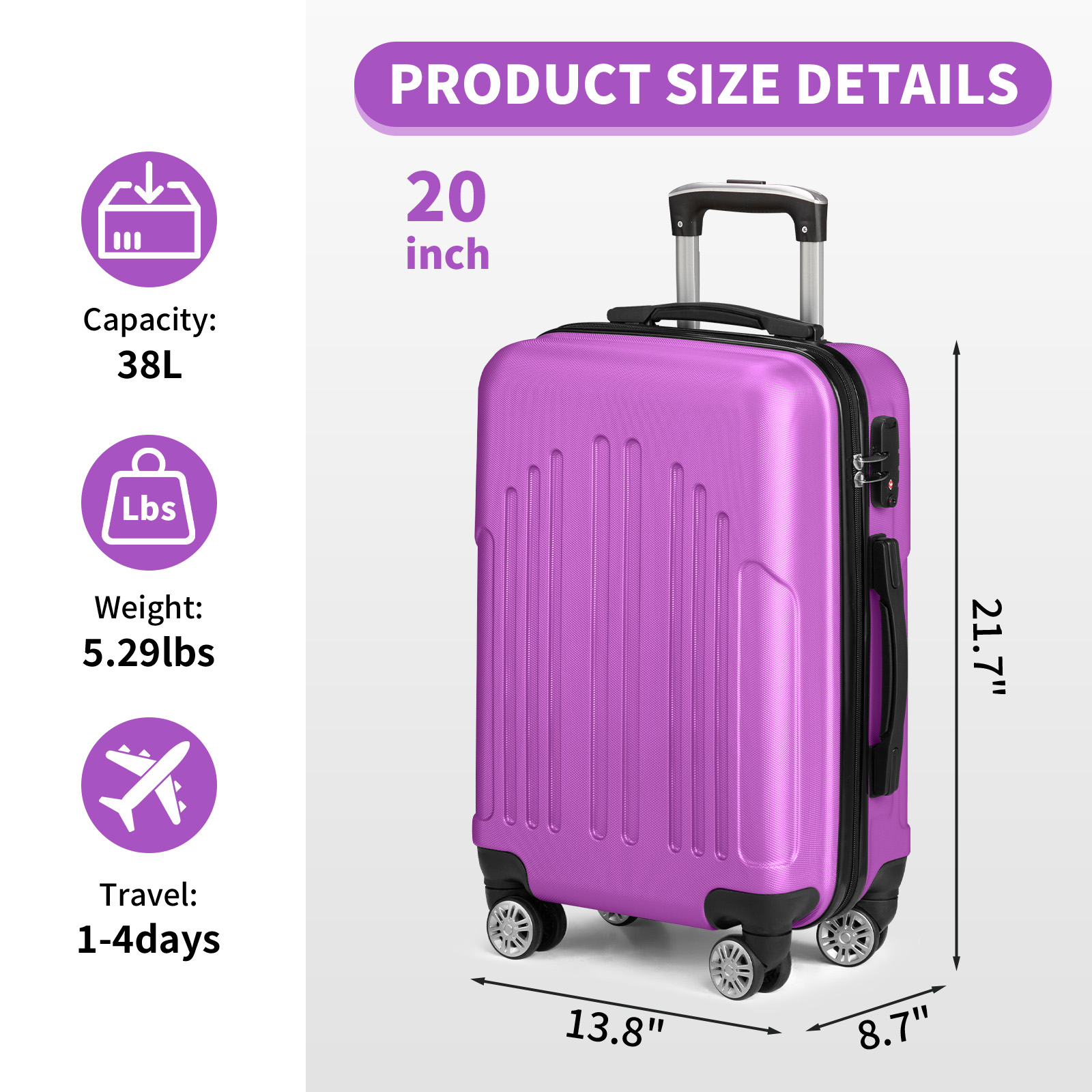20"/24"/28" ABS Hardside Medium Suitcase with Double Spinner Wheels & TSA Lock