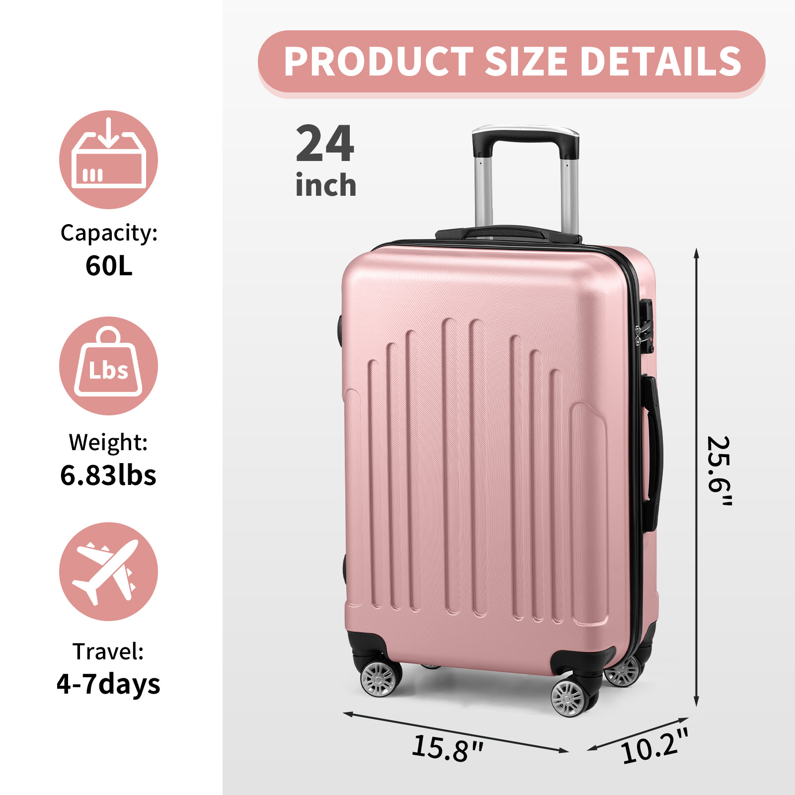 20"/24"/28" ABS Hardside Medium Suitcase with Double Spinner Wheels & TSA Lock