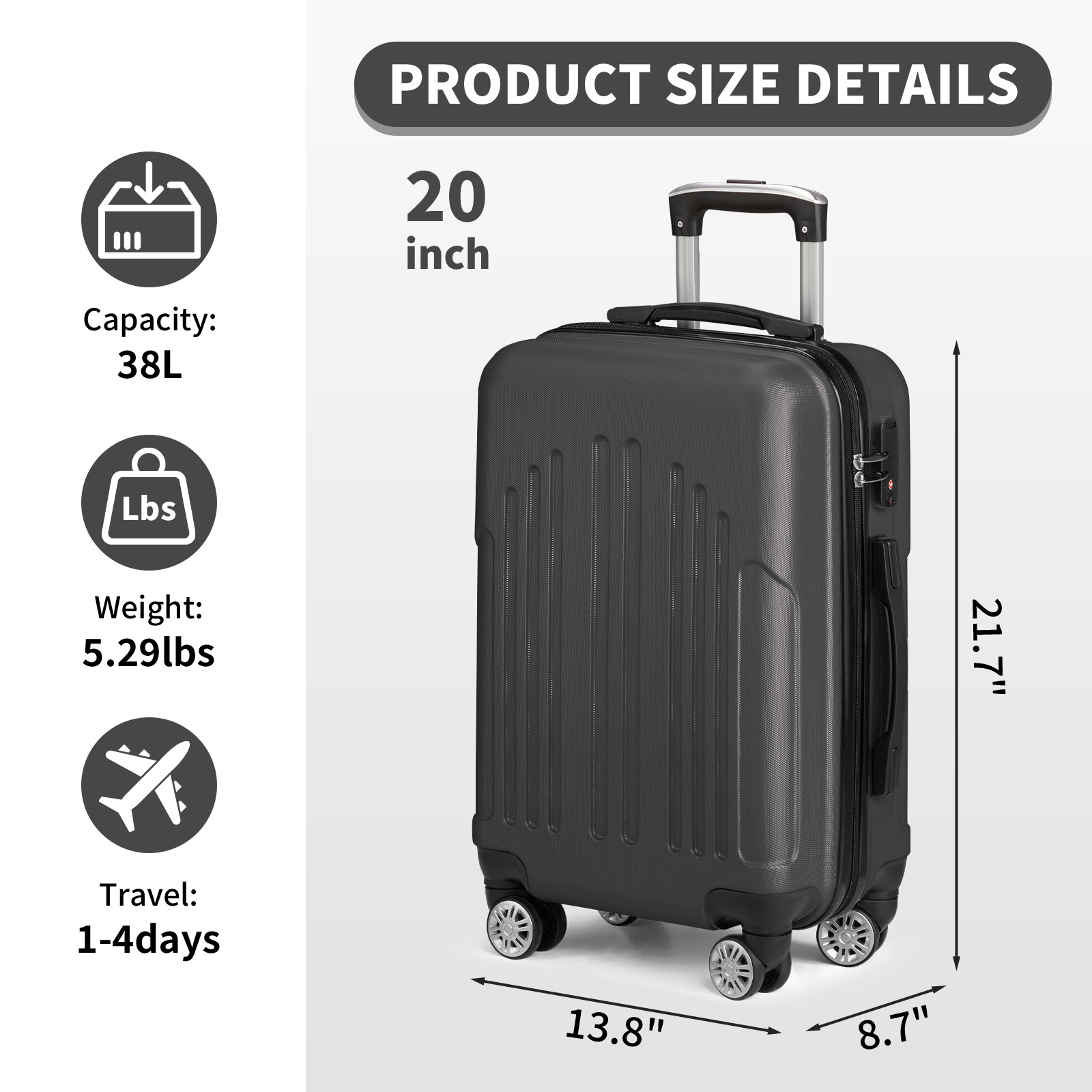 20"/24"/28" Hardside Trolley Luggage Suitcase with Spinner Wheels & TSA Lock