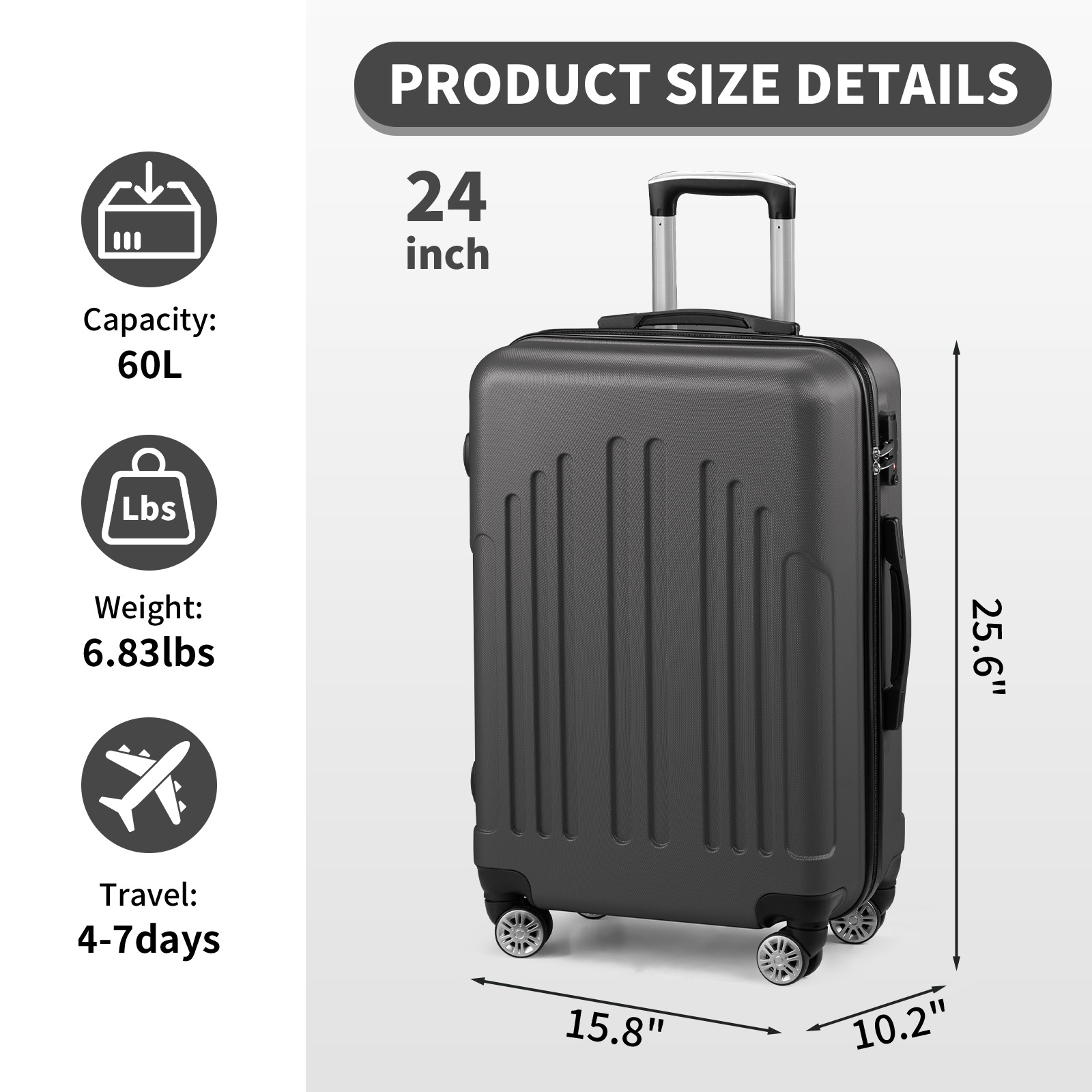 20"/24"/28" Hardside Trolley Luggage Suitcase with Spinner Wheels & TSA Lock