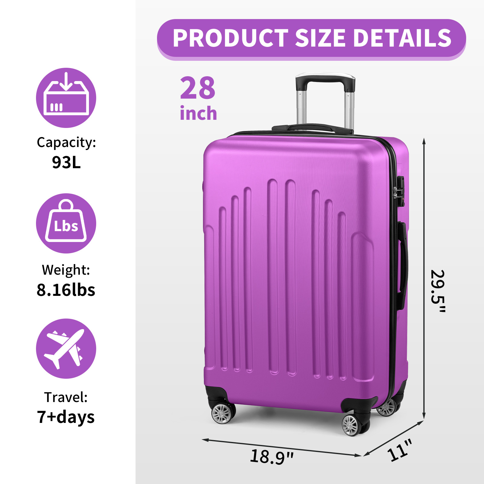 20"/24"/28" Carry-on Luggage Trolley ABS Hardside Suitcase Spinner & TSA Lock