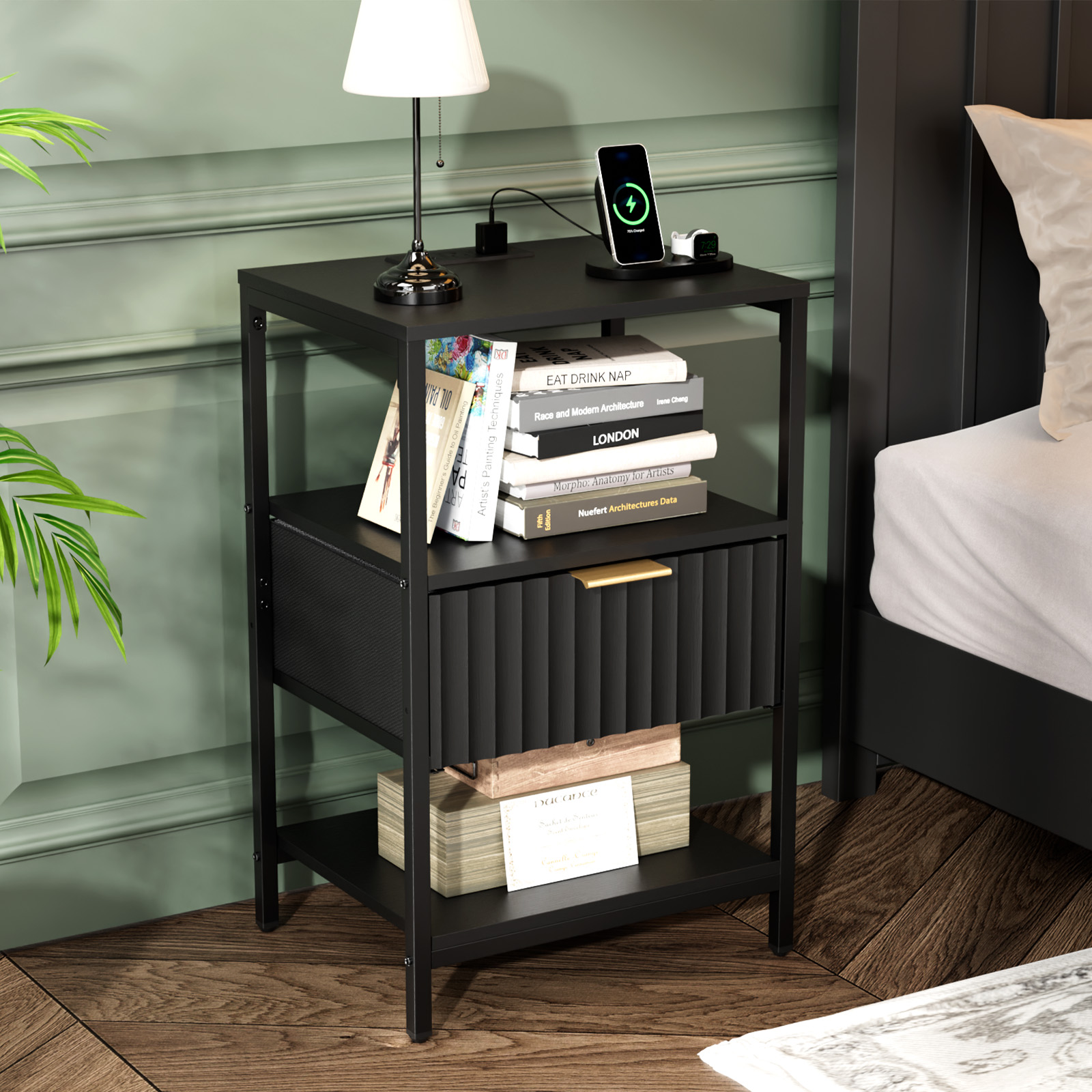 Set of 2 Fluted Nightstand Storage Shelf with Charging Station and Fabric Drawer