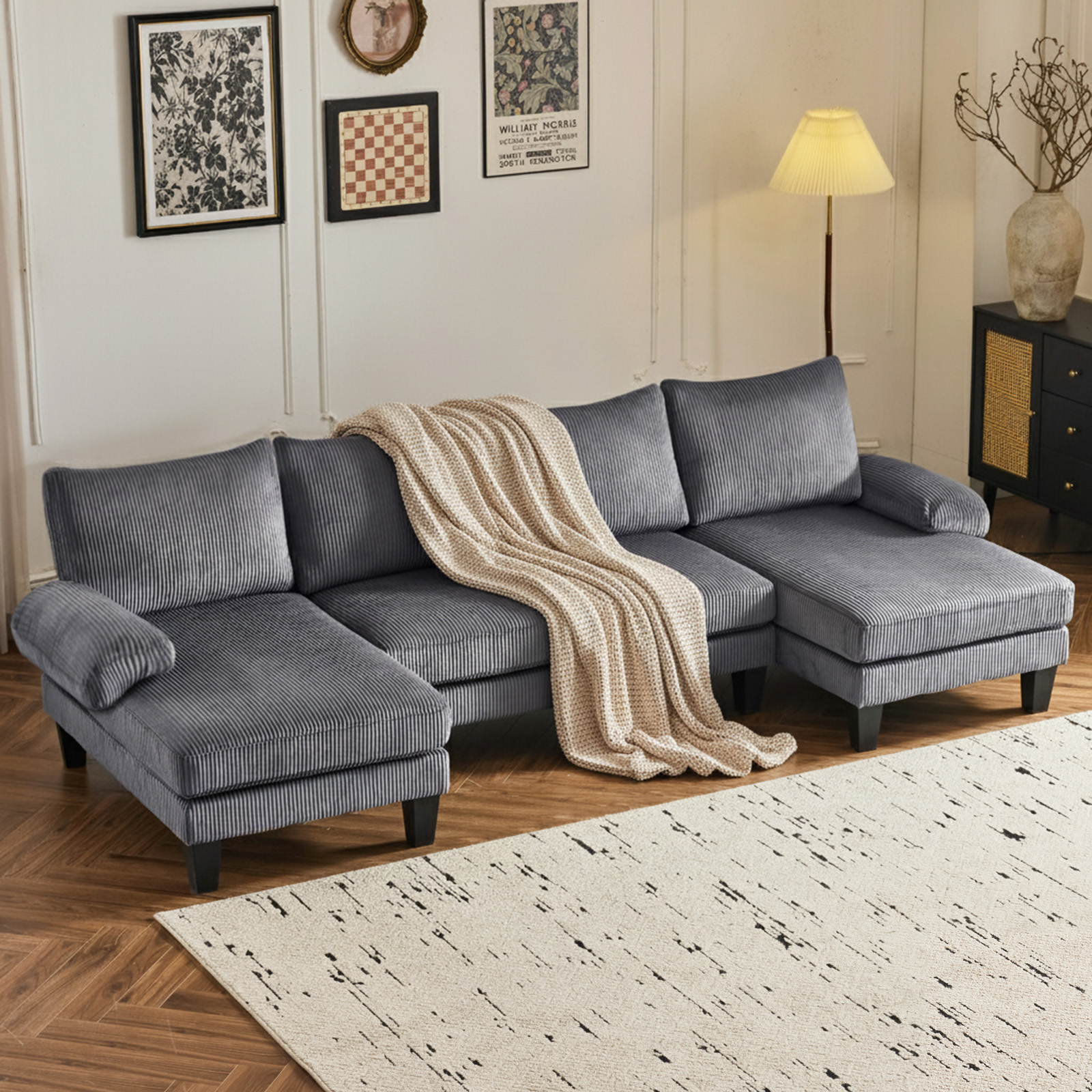 Corduroy Fabric Upholstered Covertible Couch with Wood Grain Legs for Apartment