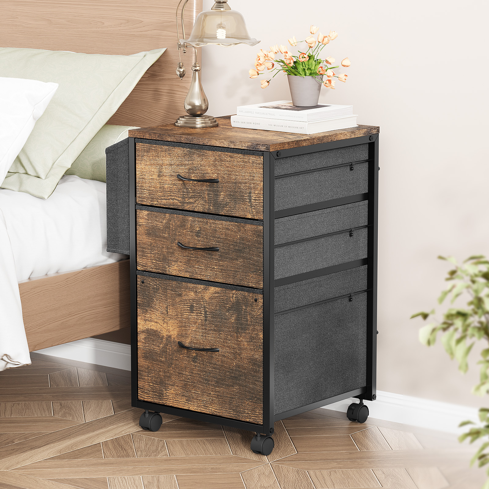Filing Cabinet with 3 Drawers and Side Storage Bag, Under-Desk Design for Office