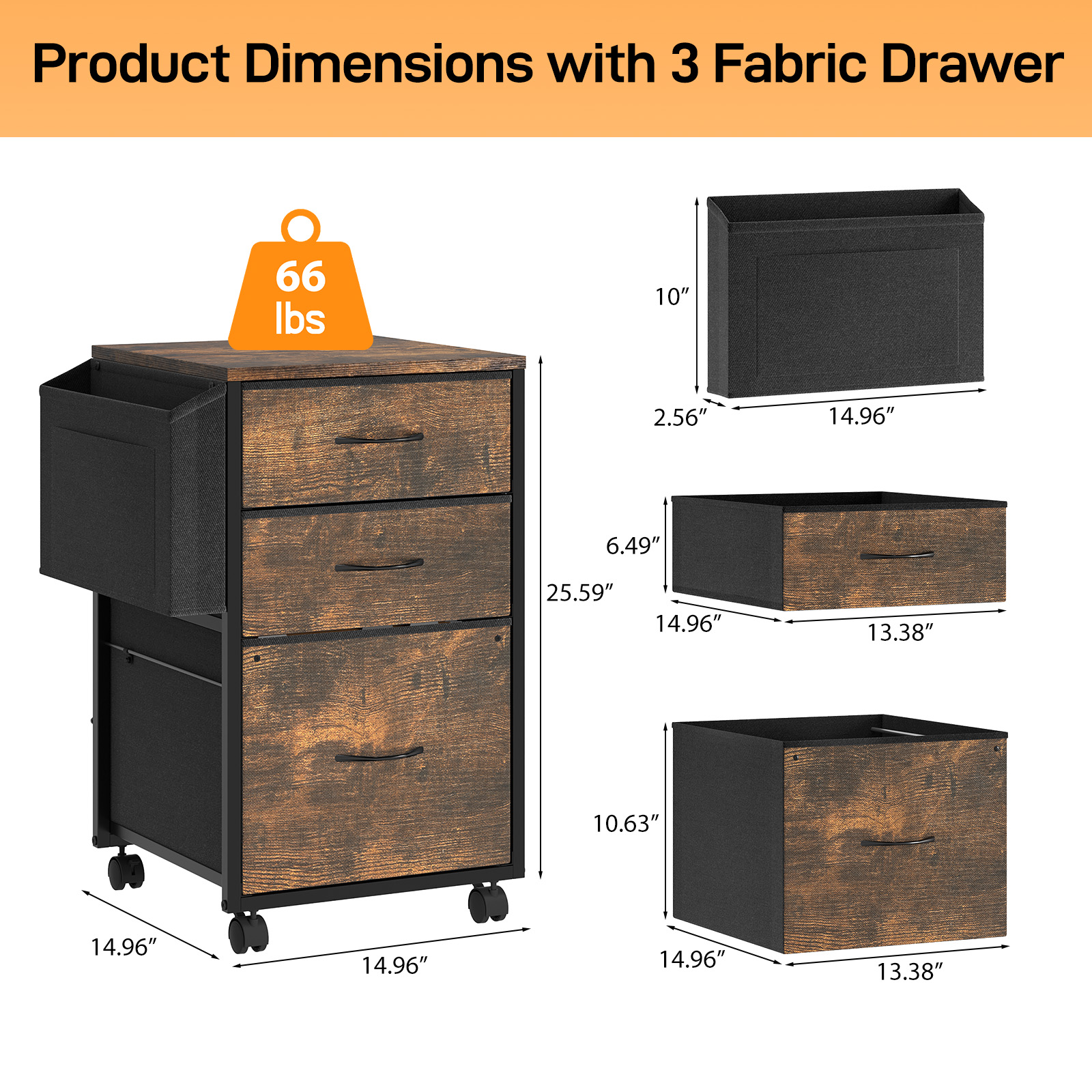 3-Drawer Mobile File Cabinet with Side Storage, Under-Desk Rolling Organizer