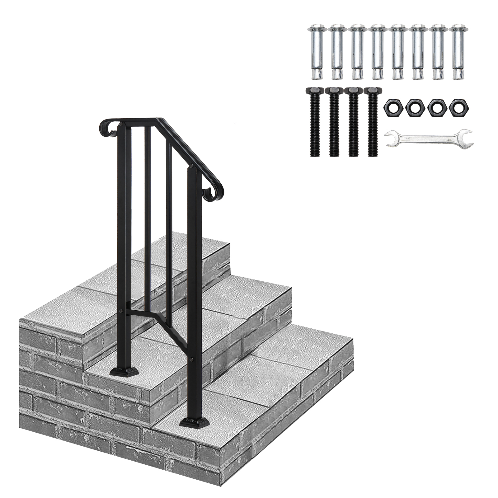 1-5 Steps Handrail, Wrought Iron Handrail Picket Stair Rail for Garden Outdoor