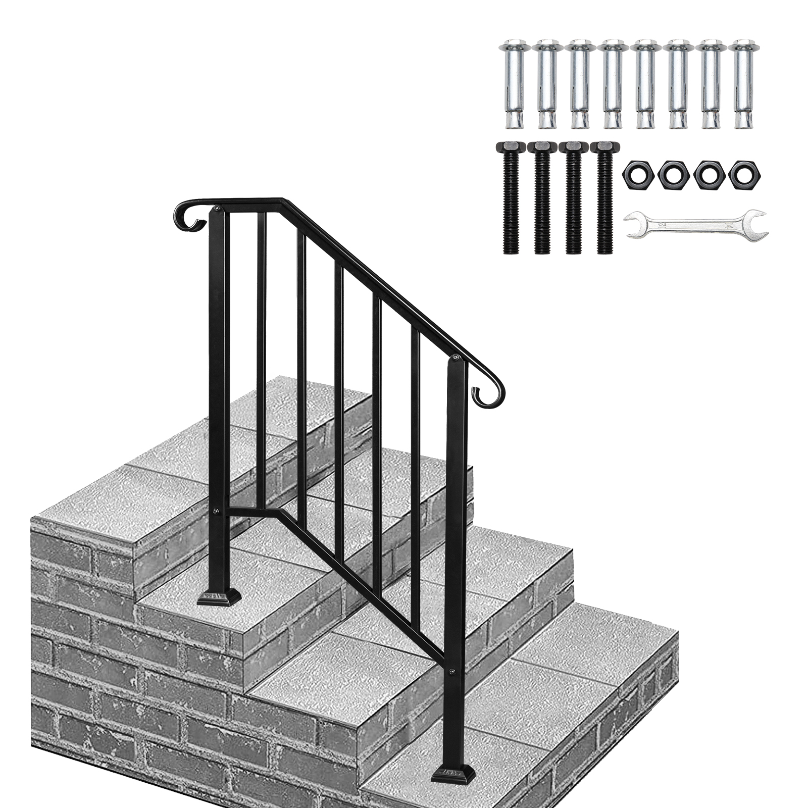 1-5 Steps Handrail Wrought Iron Handrail Picket Stair for Garden Outdoor Patio