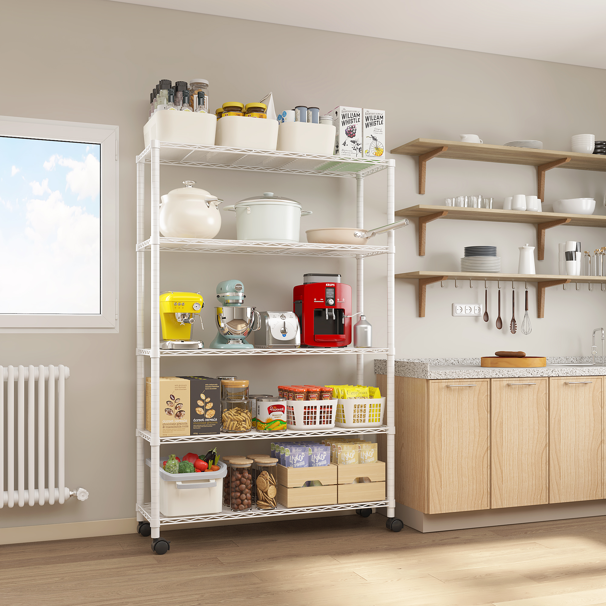 65" 5 Tier Layer Adjustable Wire Metal Shelving Shelf Rack Rolling Black/Chrome