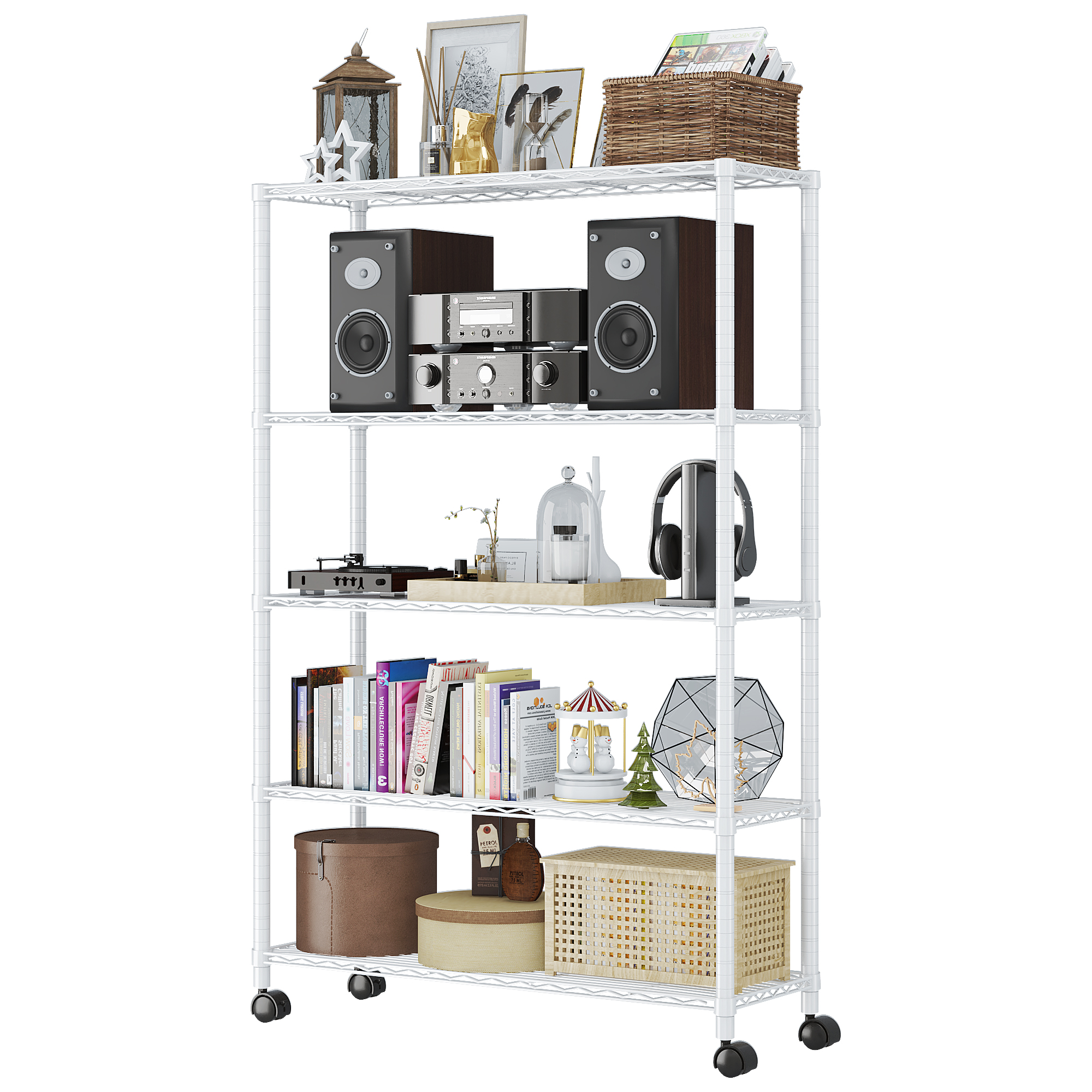 65" 5 Tier Layer Adjustable Wire Metal Shelving Shelf Rack Rolling Black/Chrome