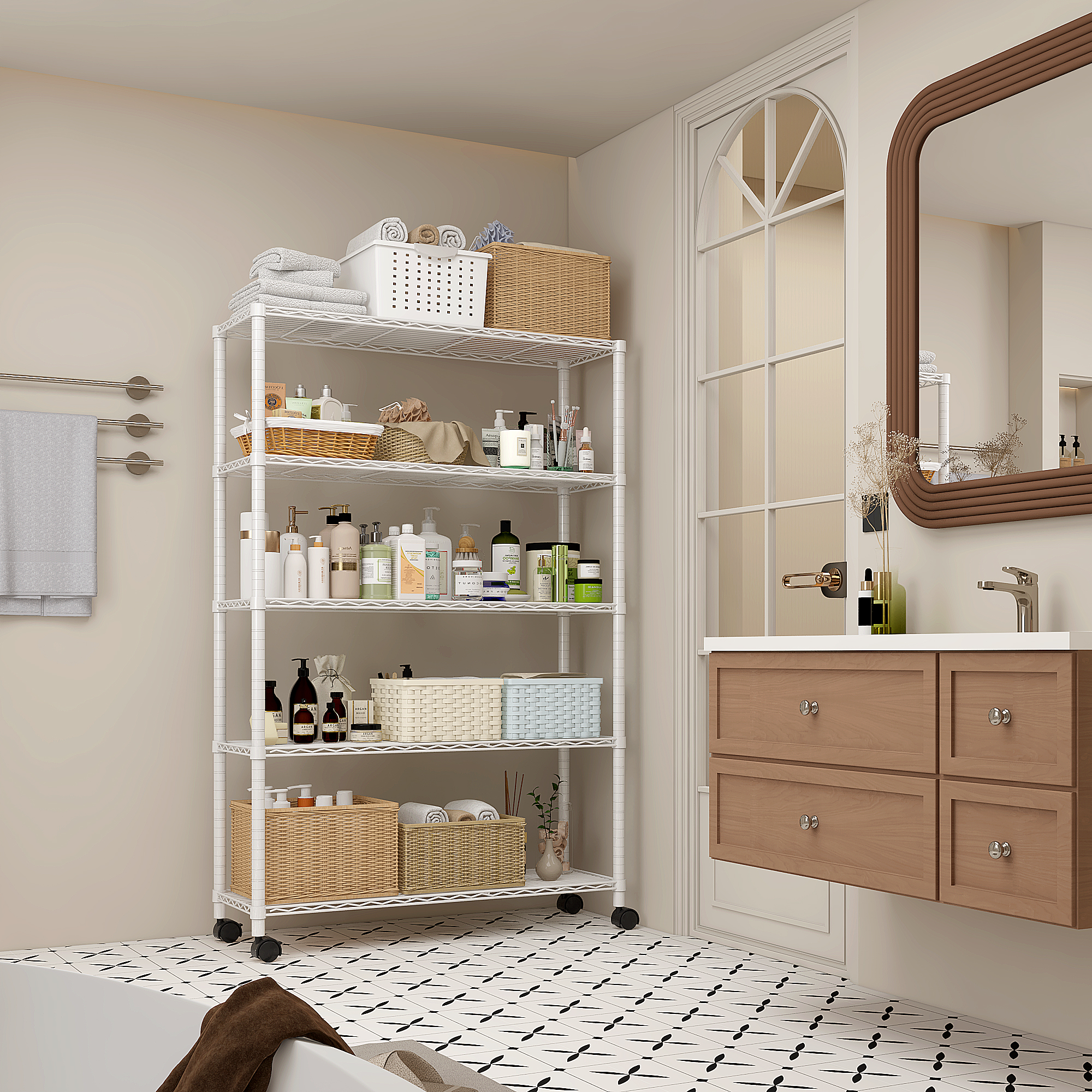 65" 5 Tier Layer Adjustable Wire Metal Shelving Shelf Rack Rolling Black/Chrome