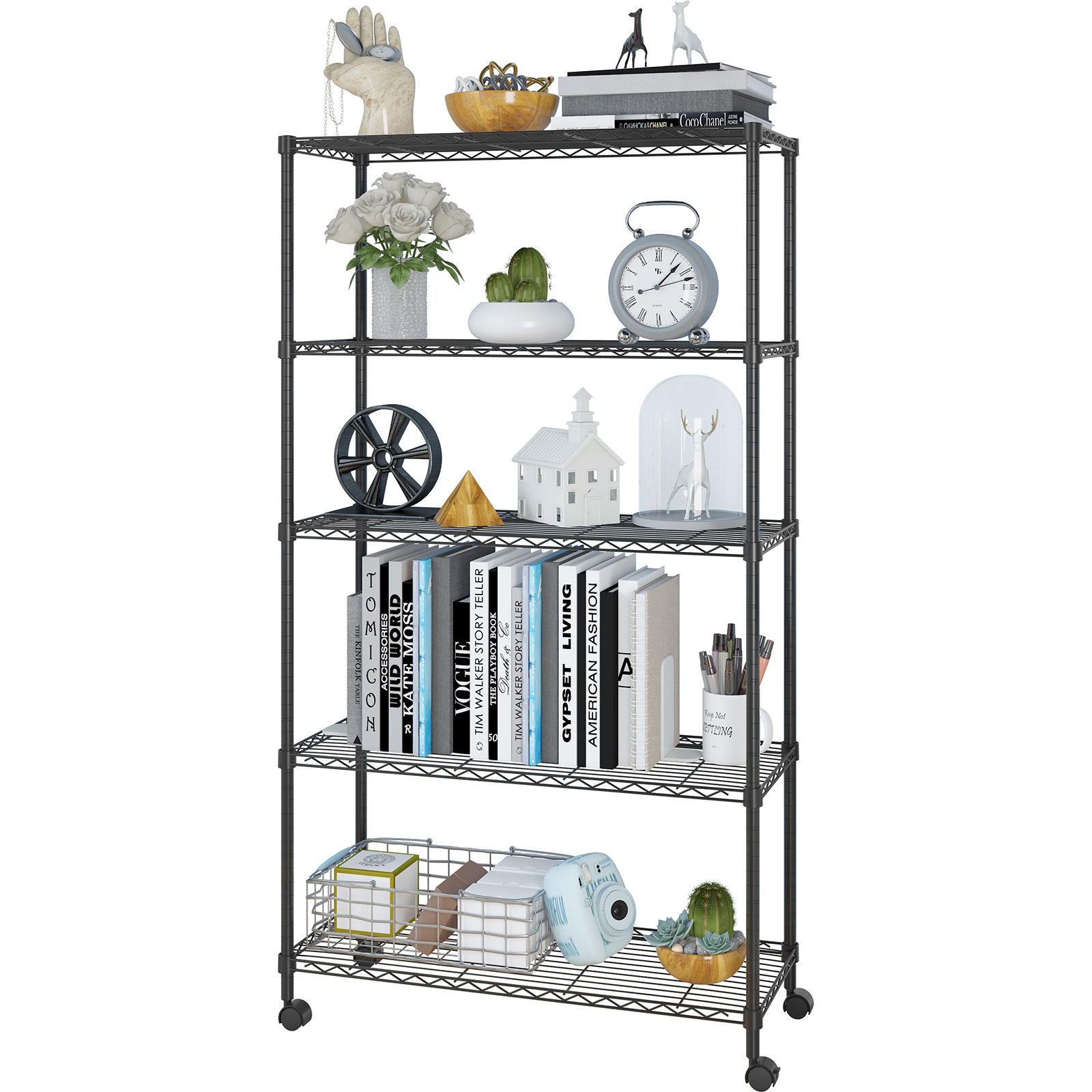 Rolling 65" Metal Storage Shelves Adjustable Wire Shelving Rack with Wheels