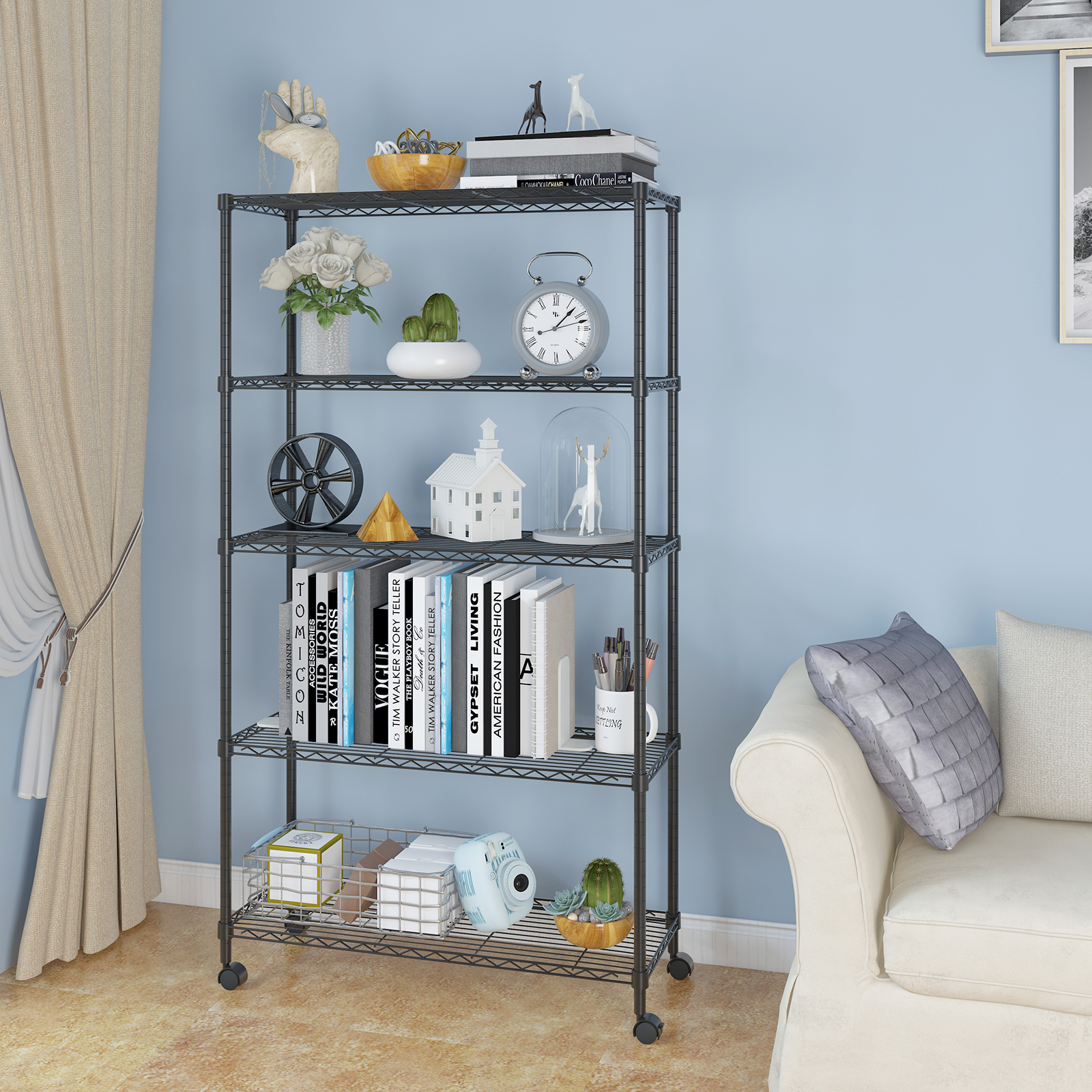 Rolling 65" Metal Storage Shelves Adjustable Wire Shelving Rack with Wheels