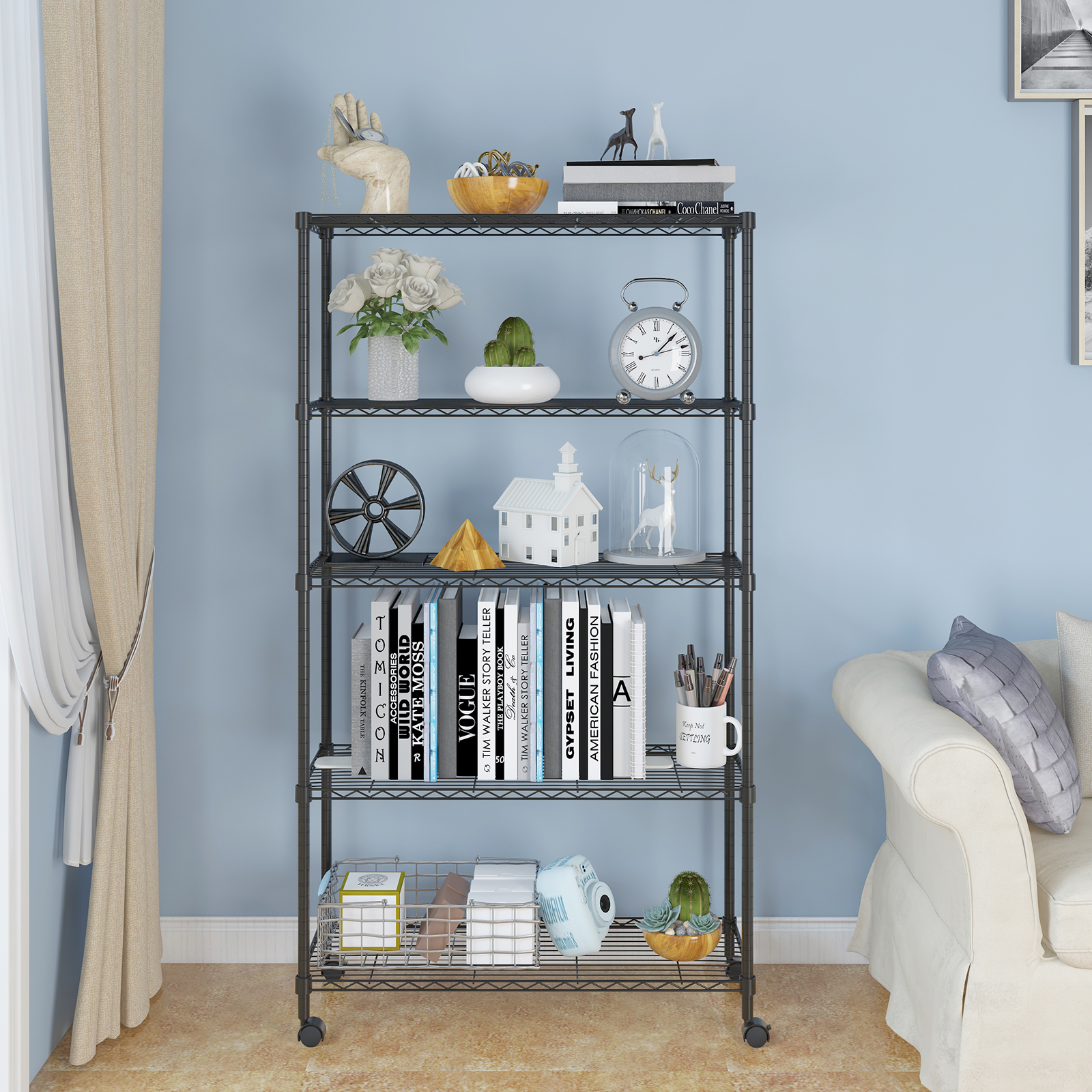 Rolling 65" Metal Storage Shelves Adjustable Wire Shelving Rack with Wheels