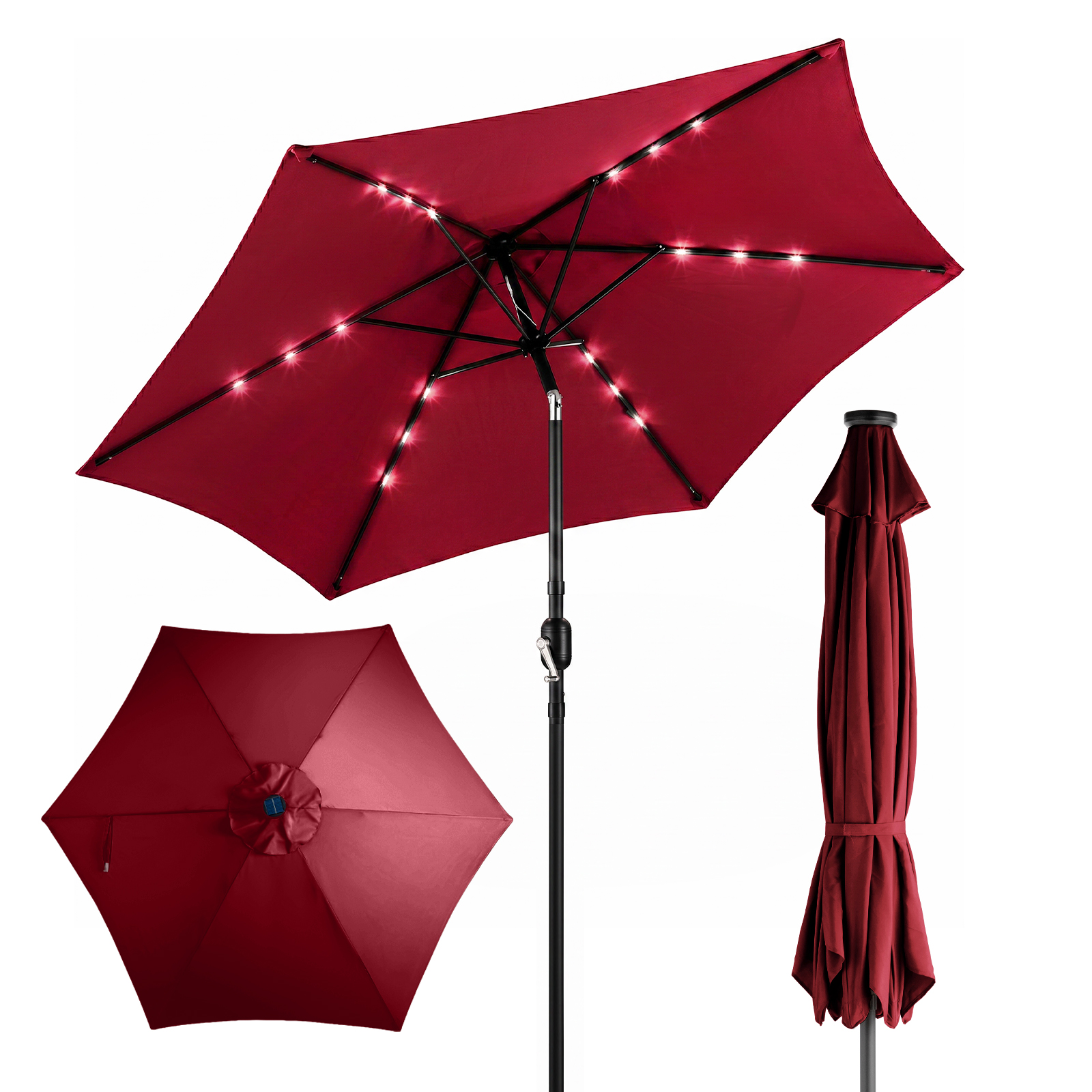 9FT Patio Umbrella with Solar Lights, Outdoor Umbrella with Push Button Tilt