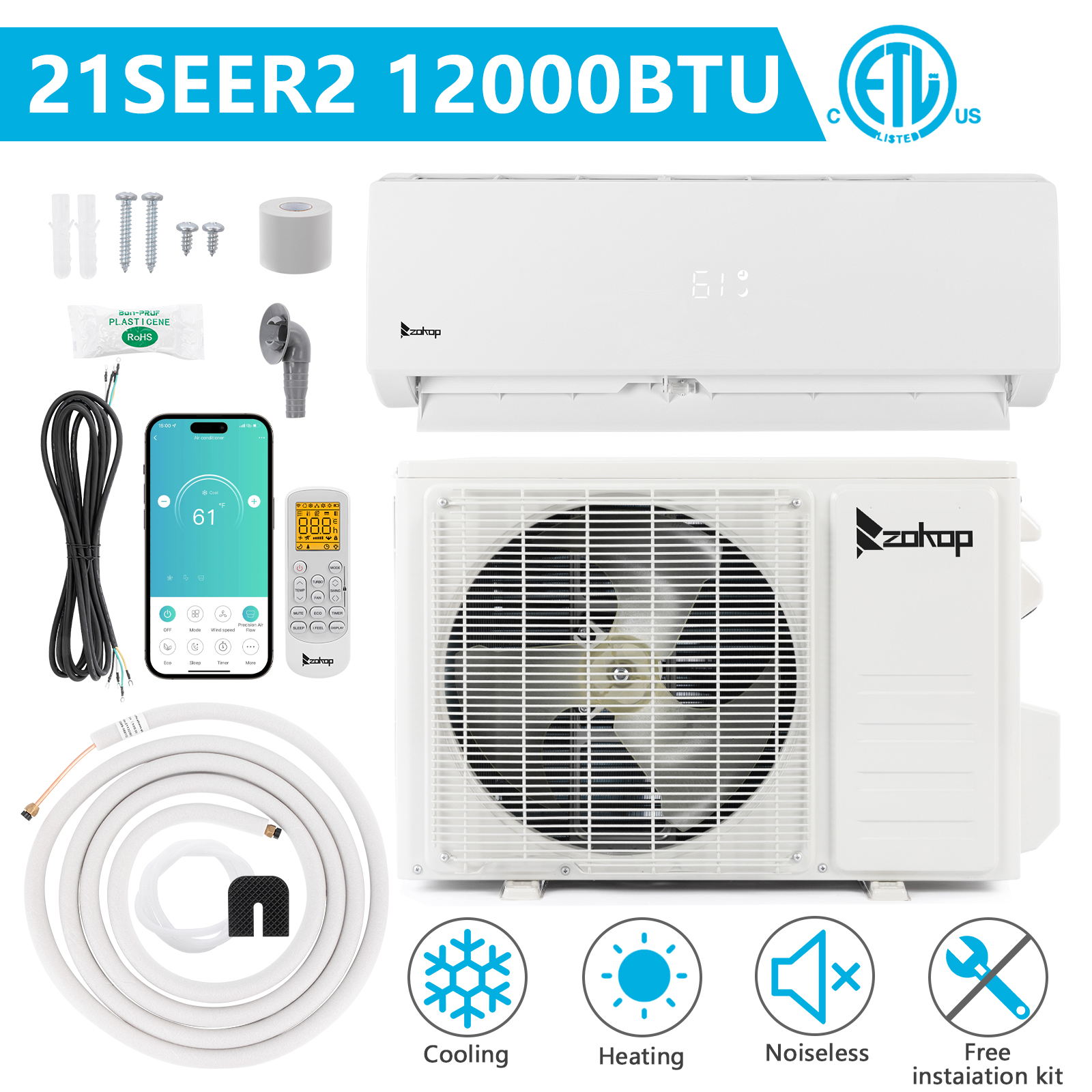 ZOKOP 20-21 SEER2 9 000-24000 BTU Ductless Mini Split Air Conditioner W/ Heater