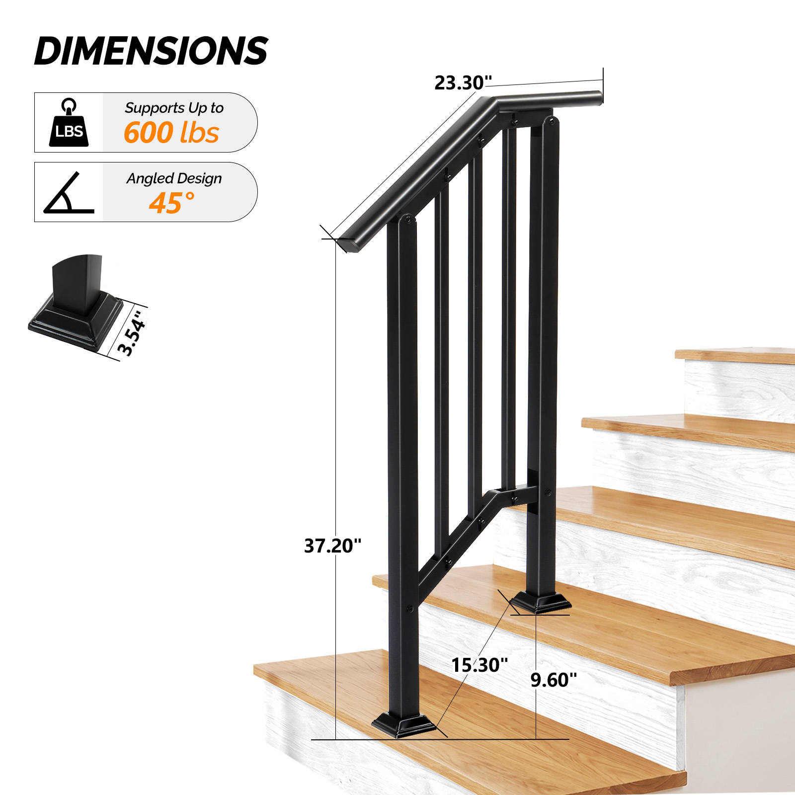 1-5 Step Handrails Wrought Iron Handrail Picket Stair Rail for In/Outdoor Stairs